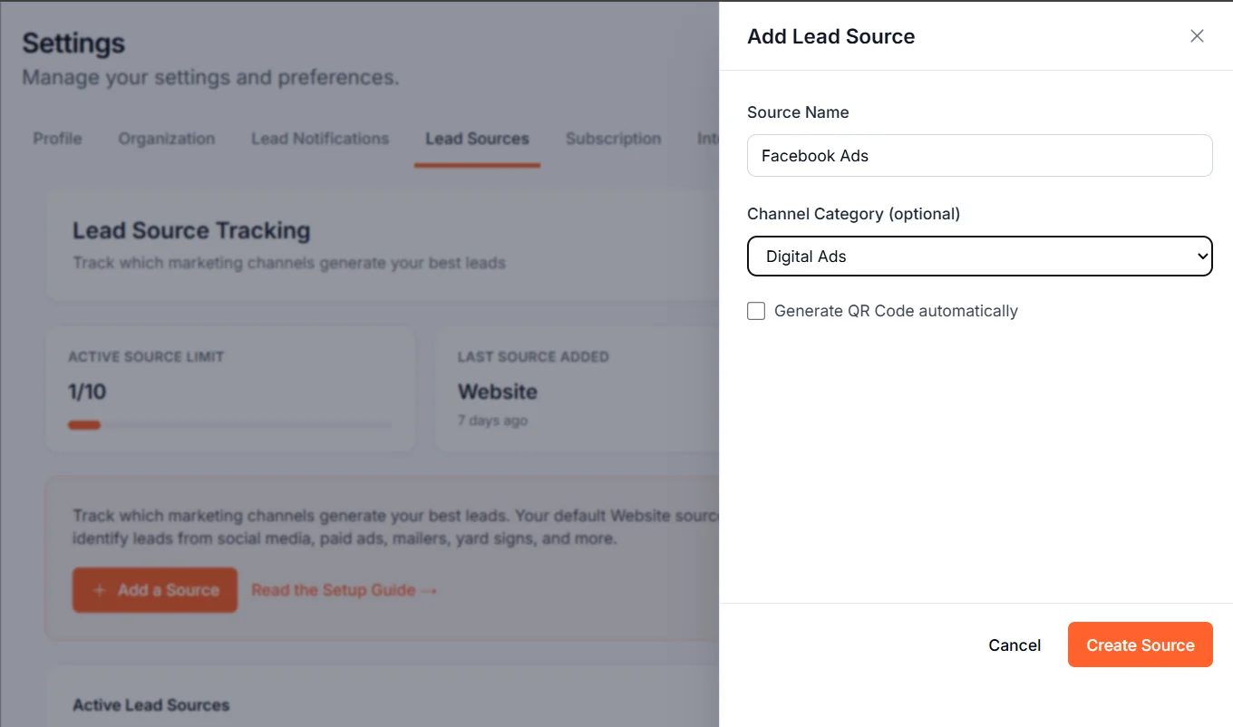The Add Source slide-over panel with the Facebook Ads source name and Social Media category selected.