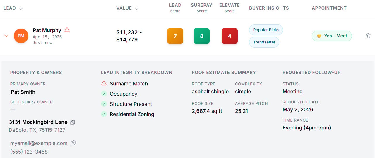 Expanded lead row showing Property and Owners, Lead Integrity Breakdown, Roof Estimate Summary, and Requested Follow-Up