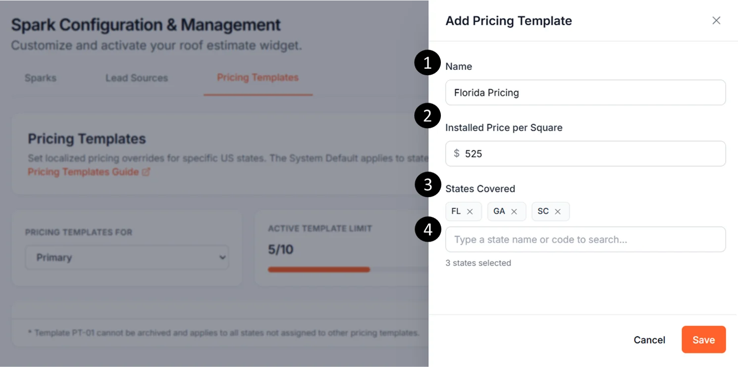 Add Pricing Template slide-over with numbered callouts: ① Name field, ② Installed Price field, ③ State pills row, ④ State search input