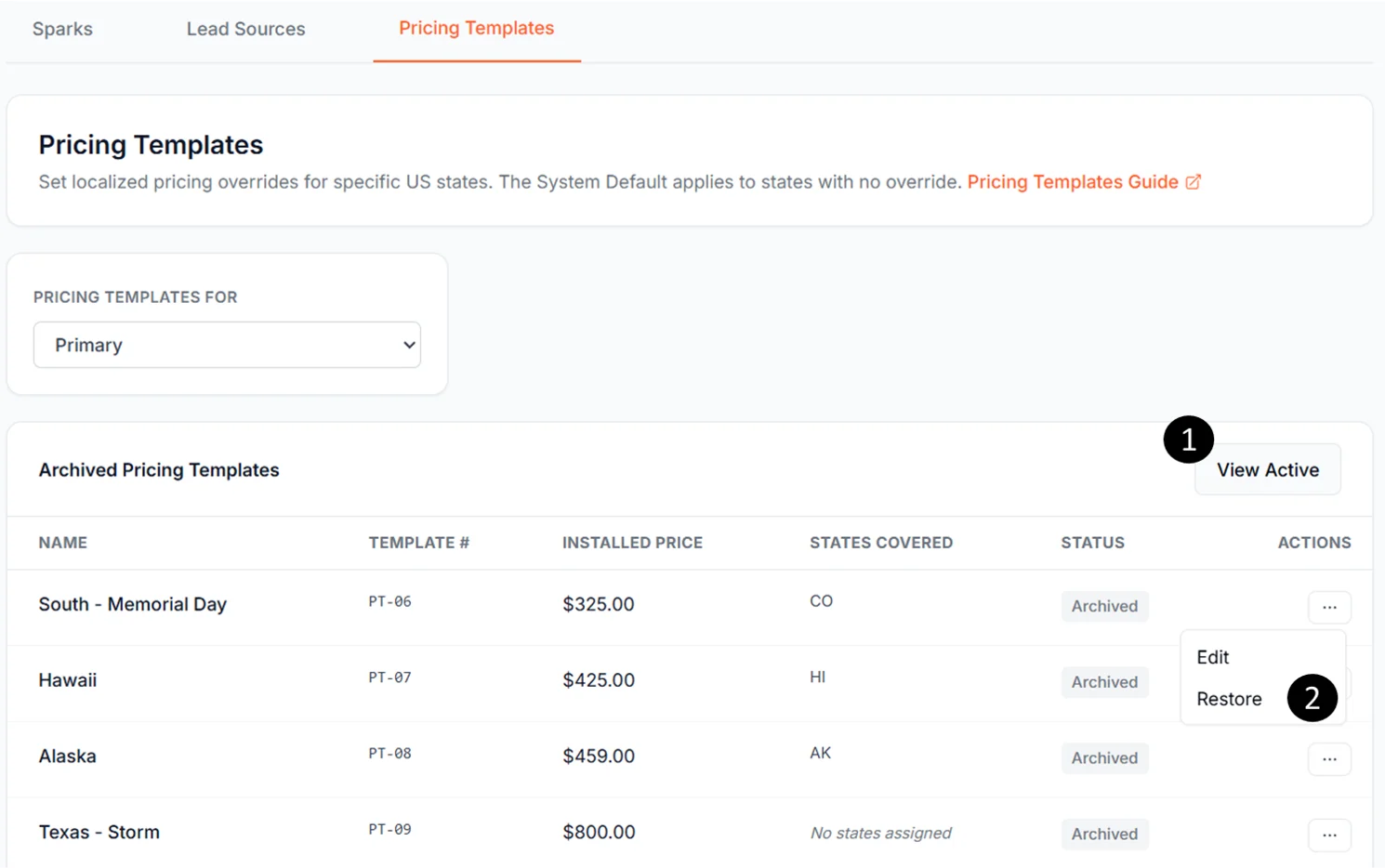 Archived Pricing Templates view with numbered callouts: ① View Active toggle, ② Restore action in the ellipsis menu
