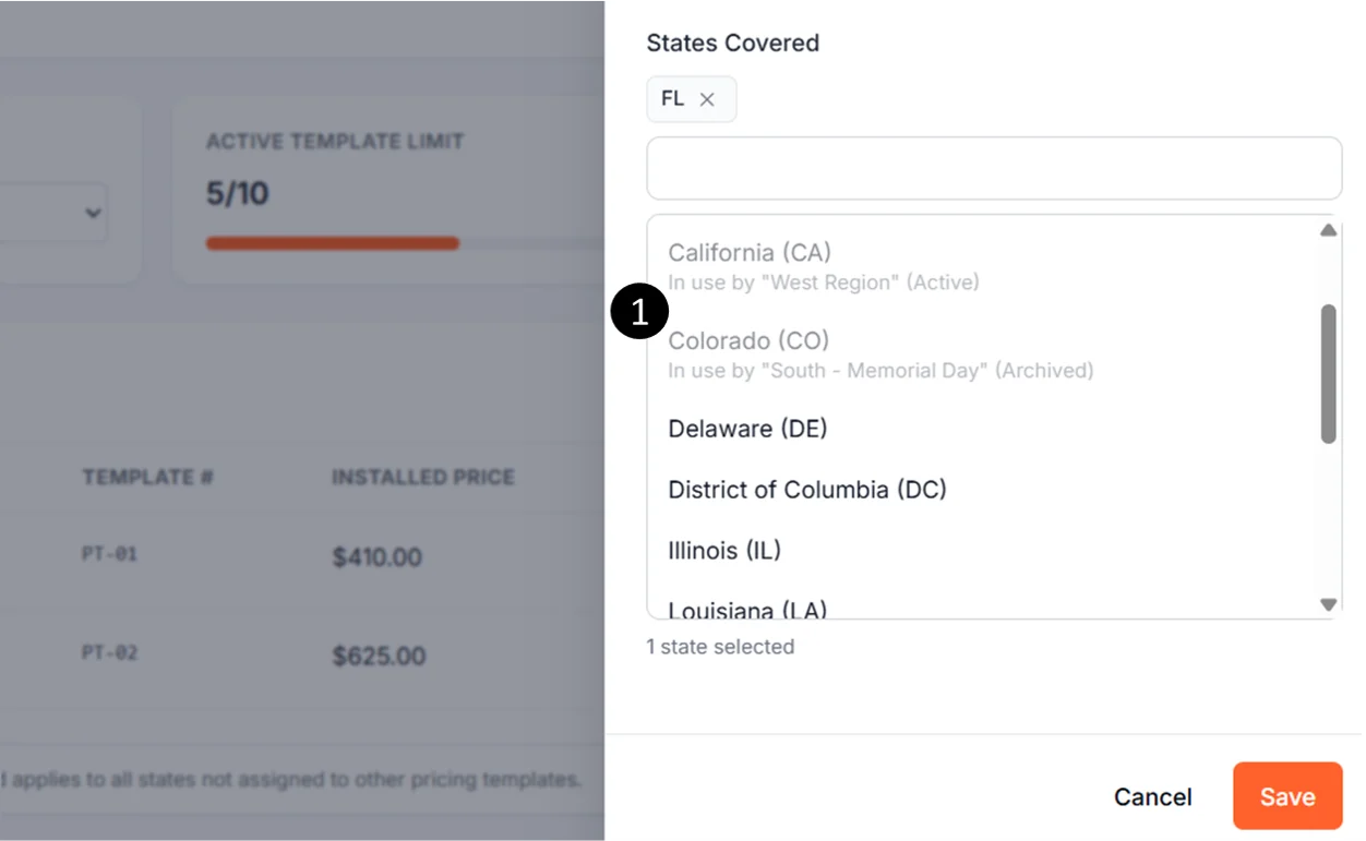 State picker showing a claimed state with numbered callout: ① Grayed-out unavailable state with "In use by" indicator