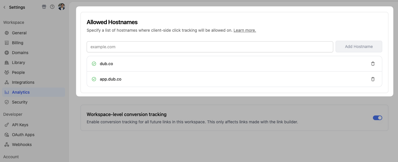 Enabling conversion tracking for a workspace