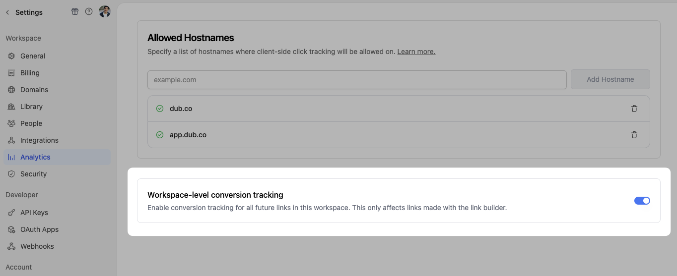 Enabling conversion tracking for a workspace