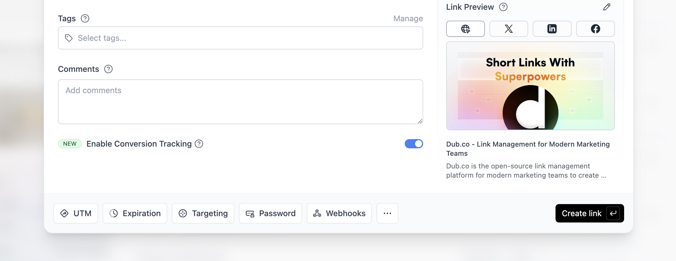 Enabling conversion tracking for a link