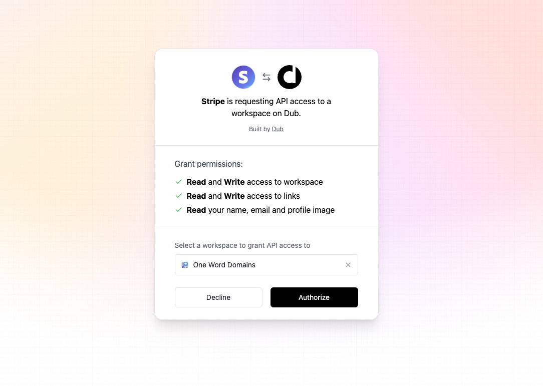 Select the Dub workspace you want to connect to your Stripe account