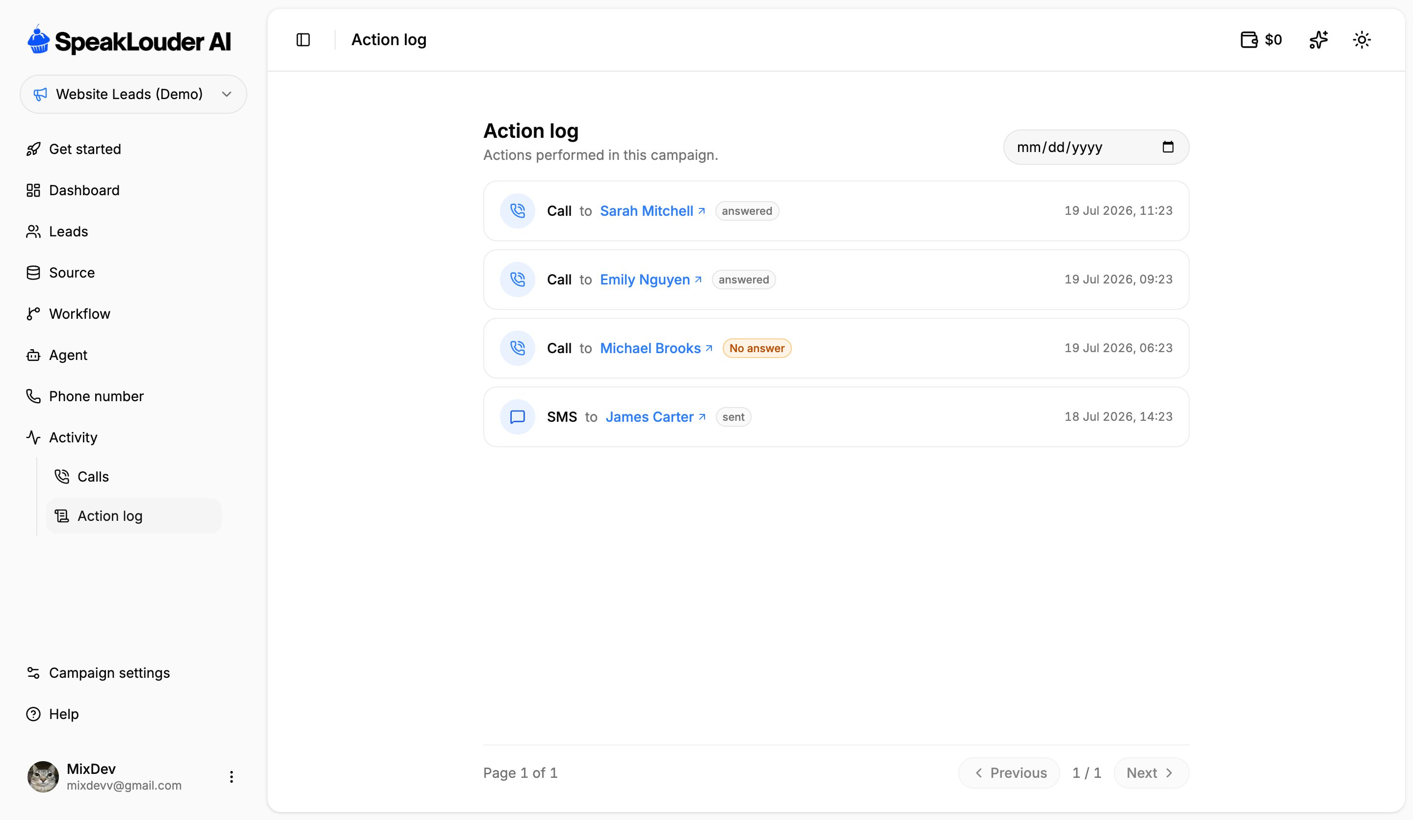 Action log with calls and SMS in chronological order