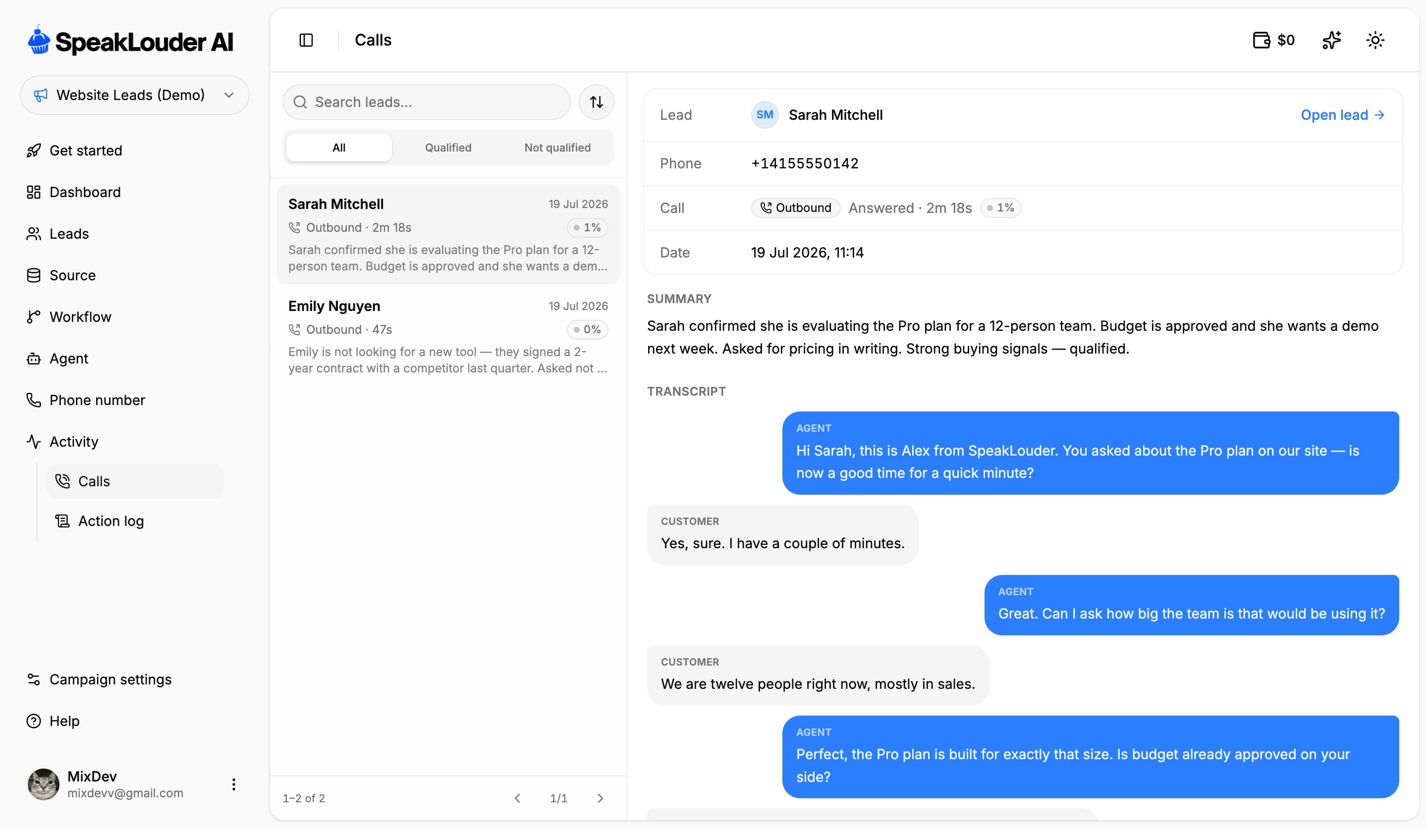 Calls with the conversation list, AI summary and transcript
