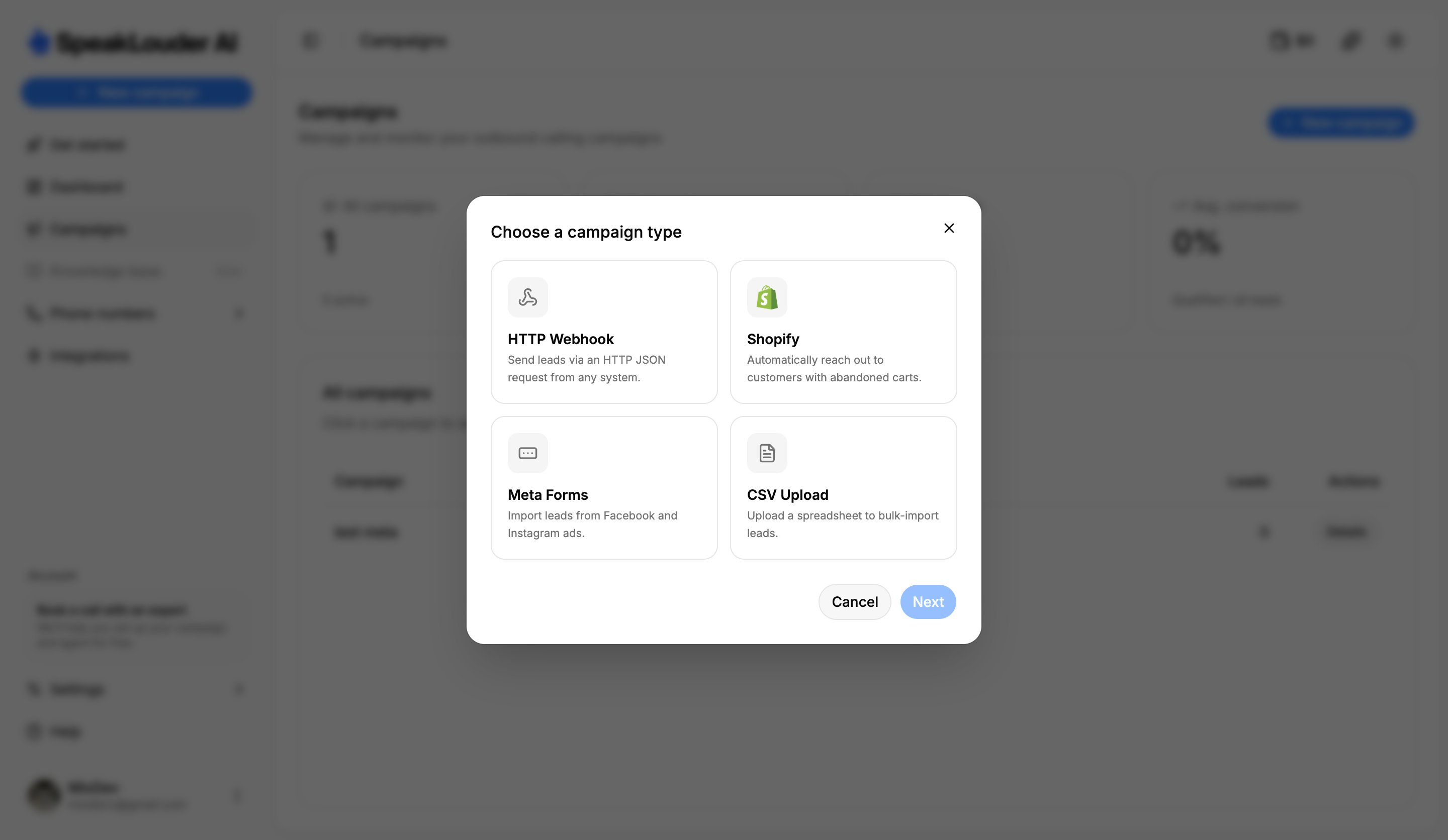 Choosing a campaign type: HTTP Webhook, Shopify, Meta Forms, CSV Upload