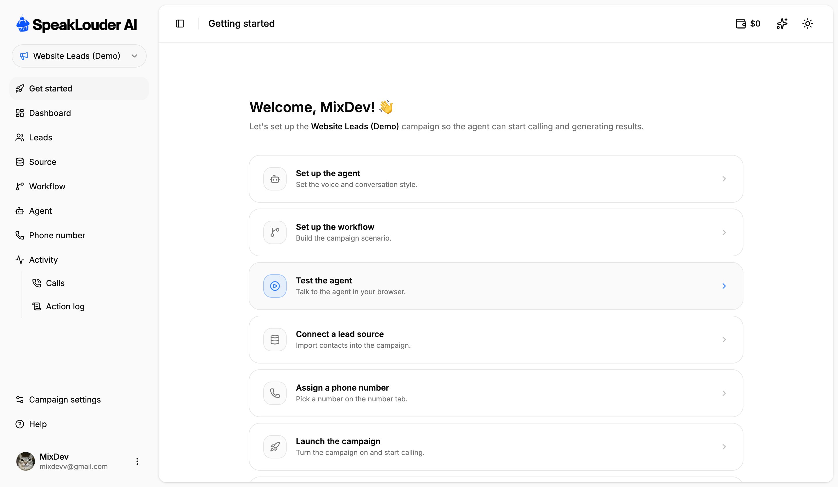 Get started checklist inside a campaign