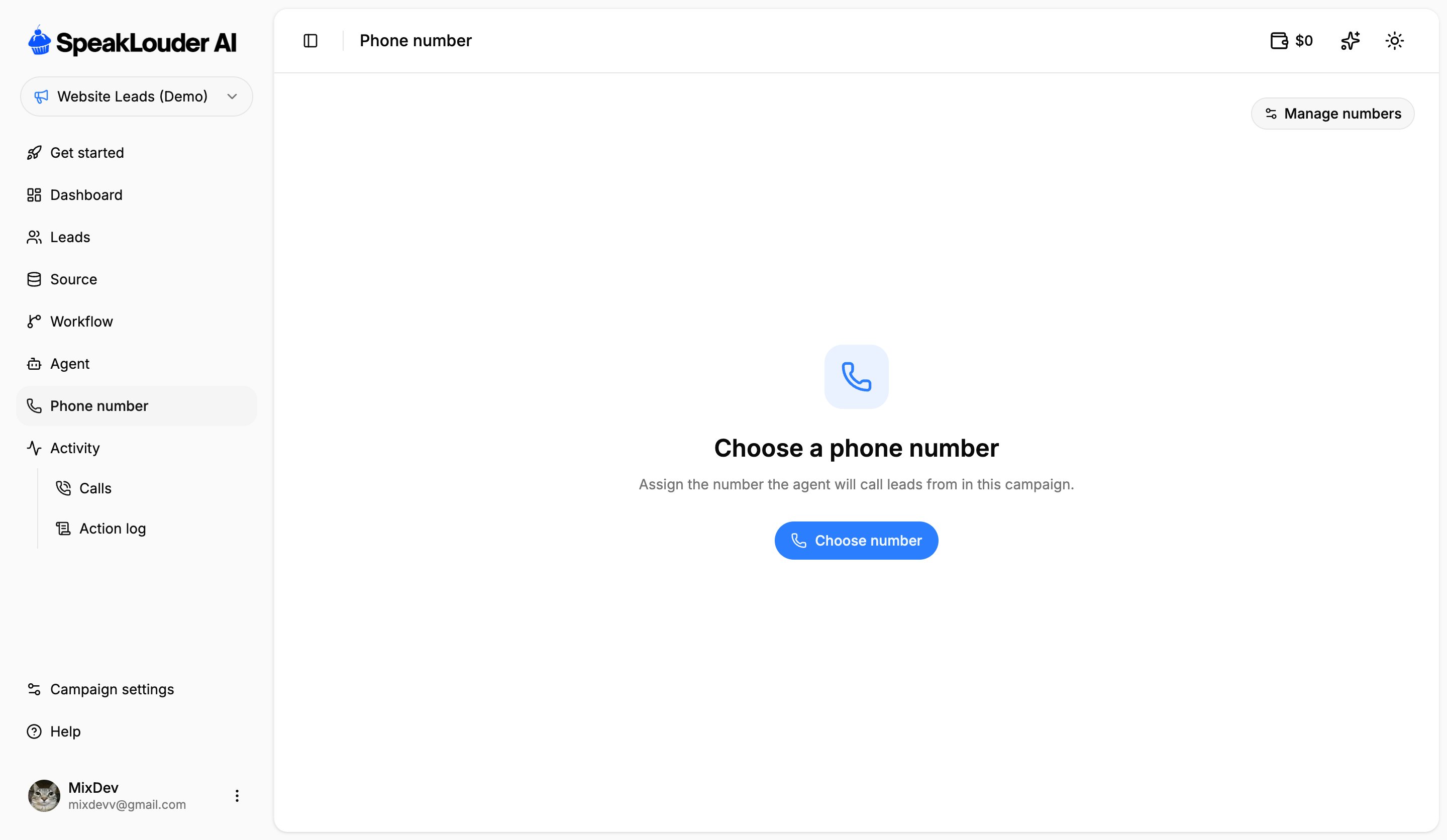 Phone number tab with no number assigned