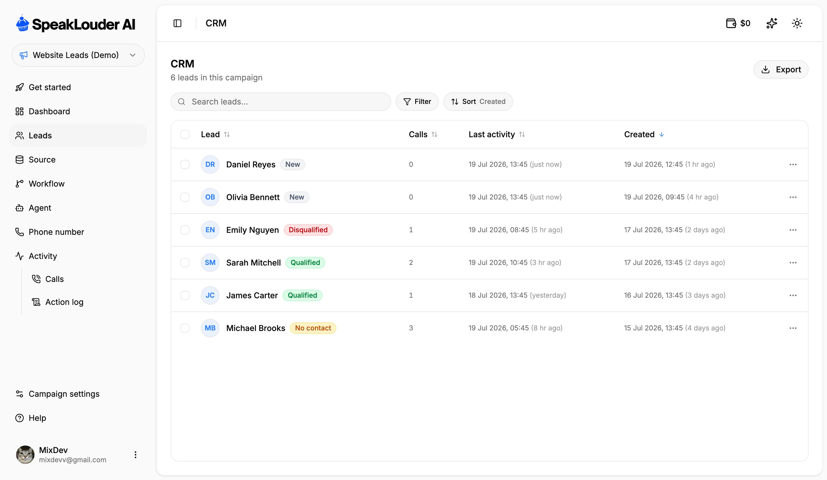 CRM lead list with statuses, calls and last activity