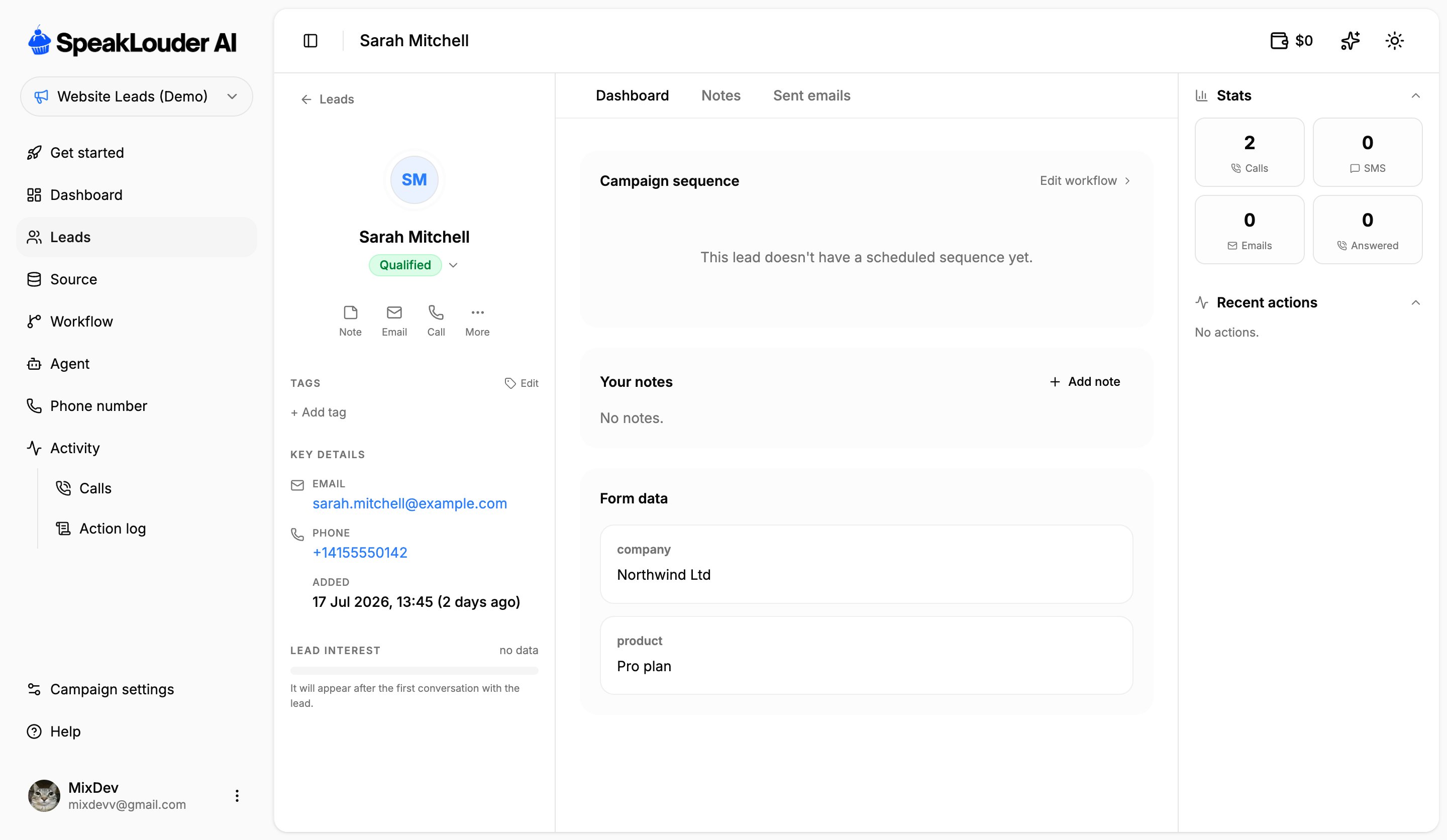 Lead card, Dashboard tab with sequence, notes and form data