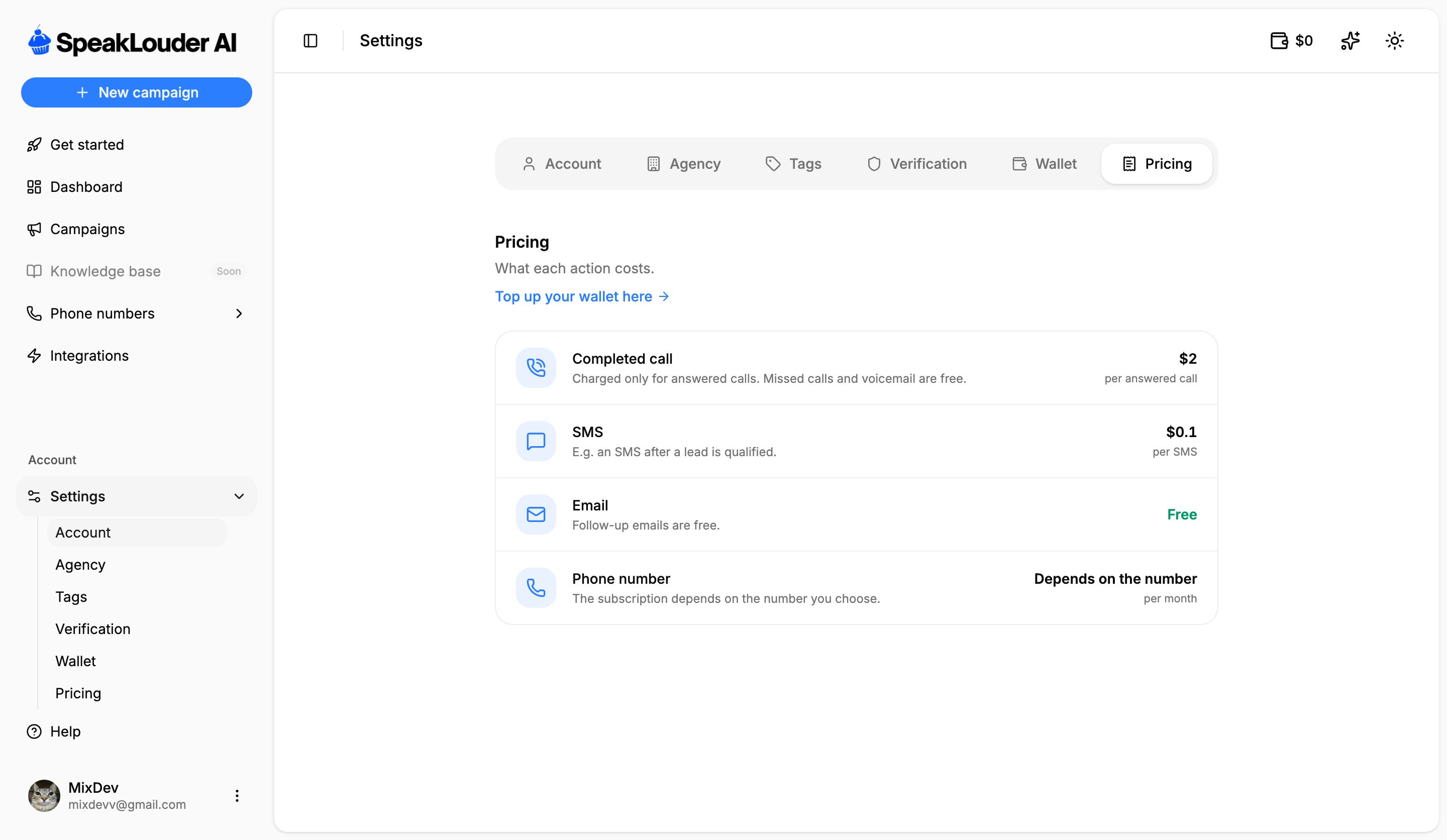 Pricing tab listing the cost of each action