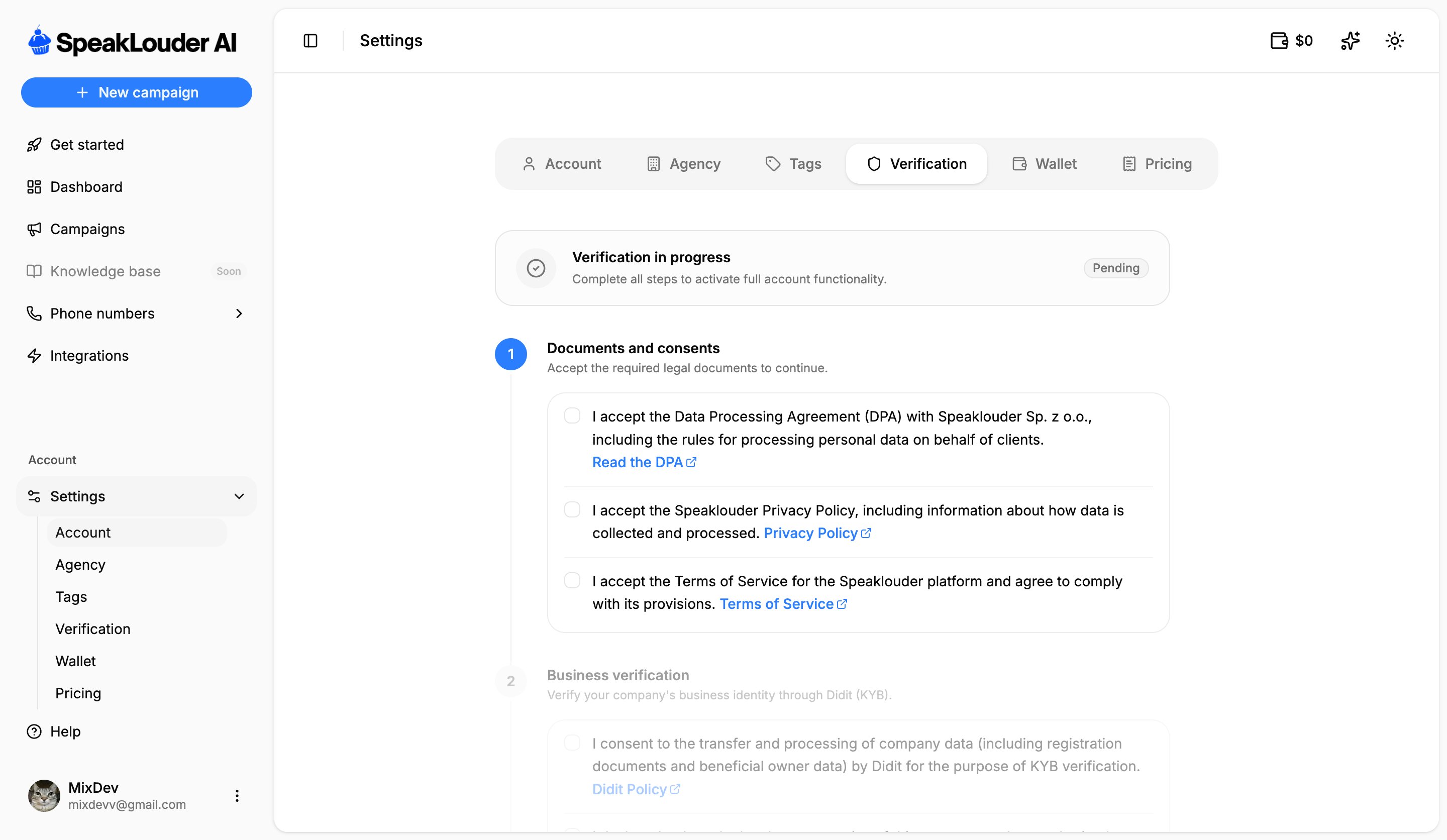 Verification tab with documents and KYB steps