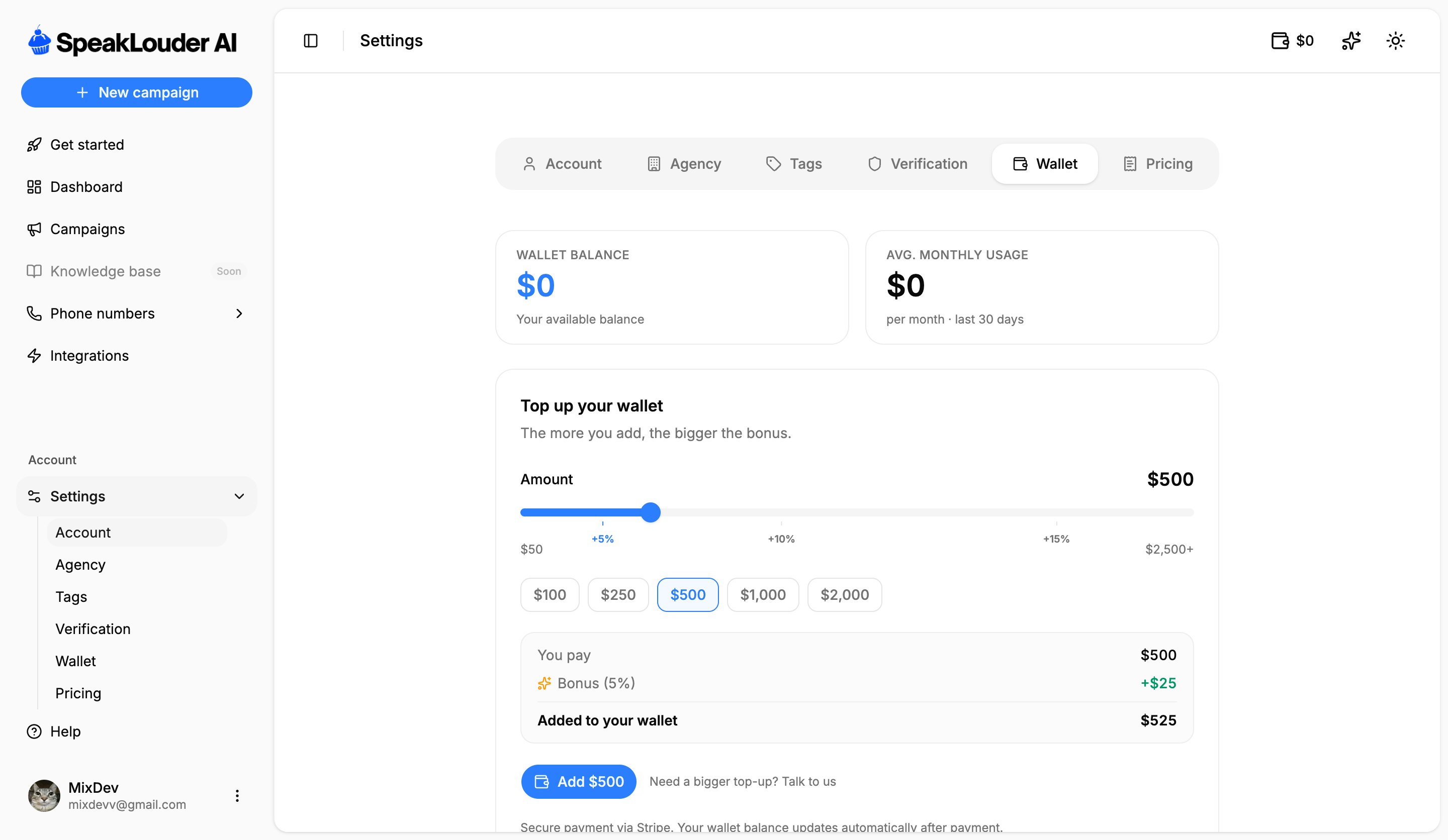 Wallet tab with balance and top-up slider