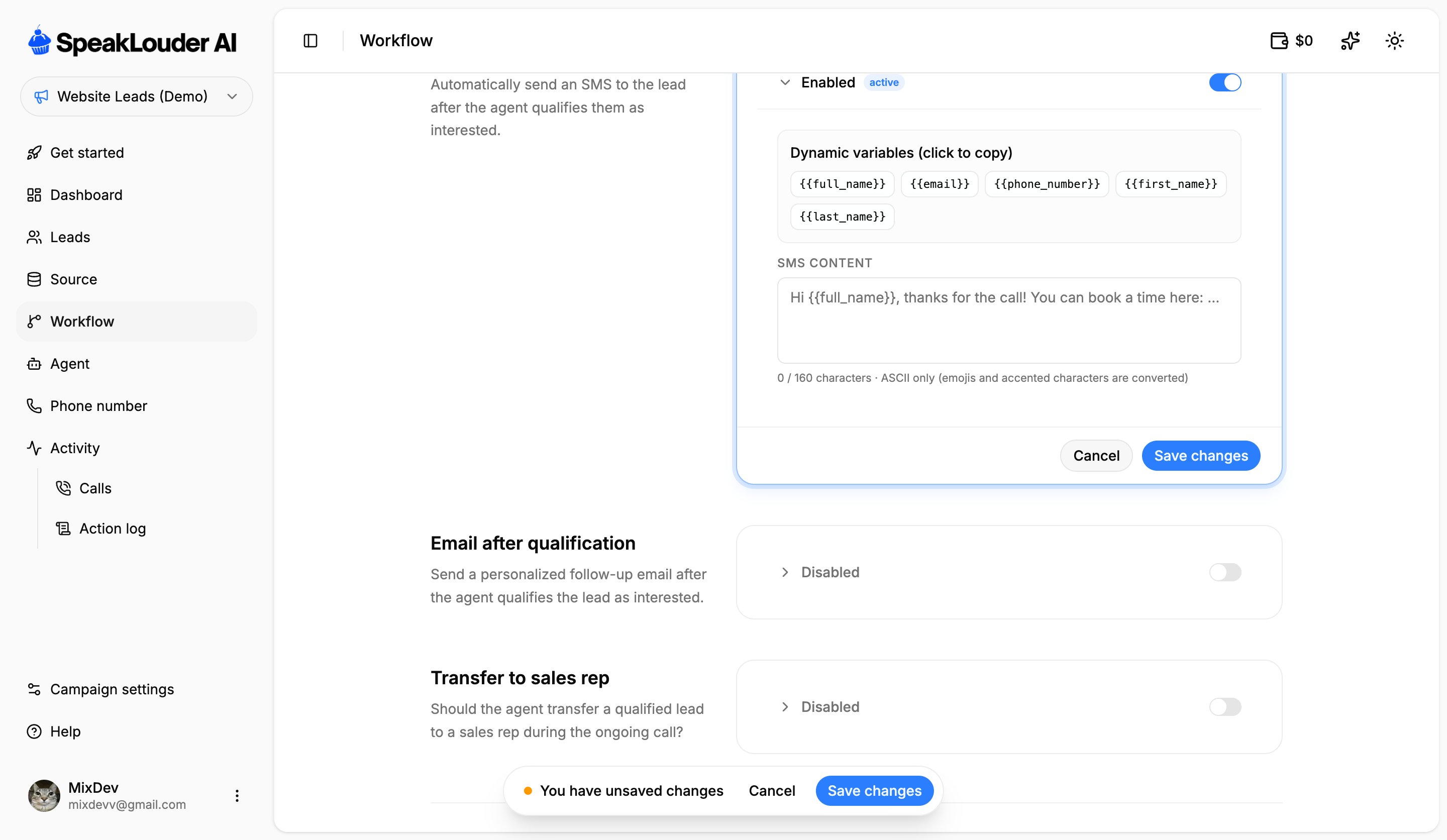 SMS automation with dynamic variables and content field