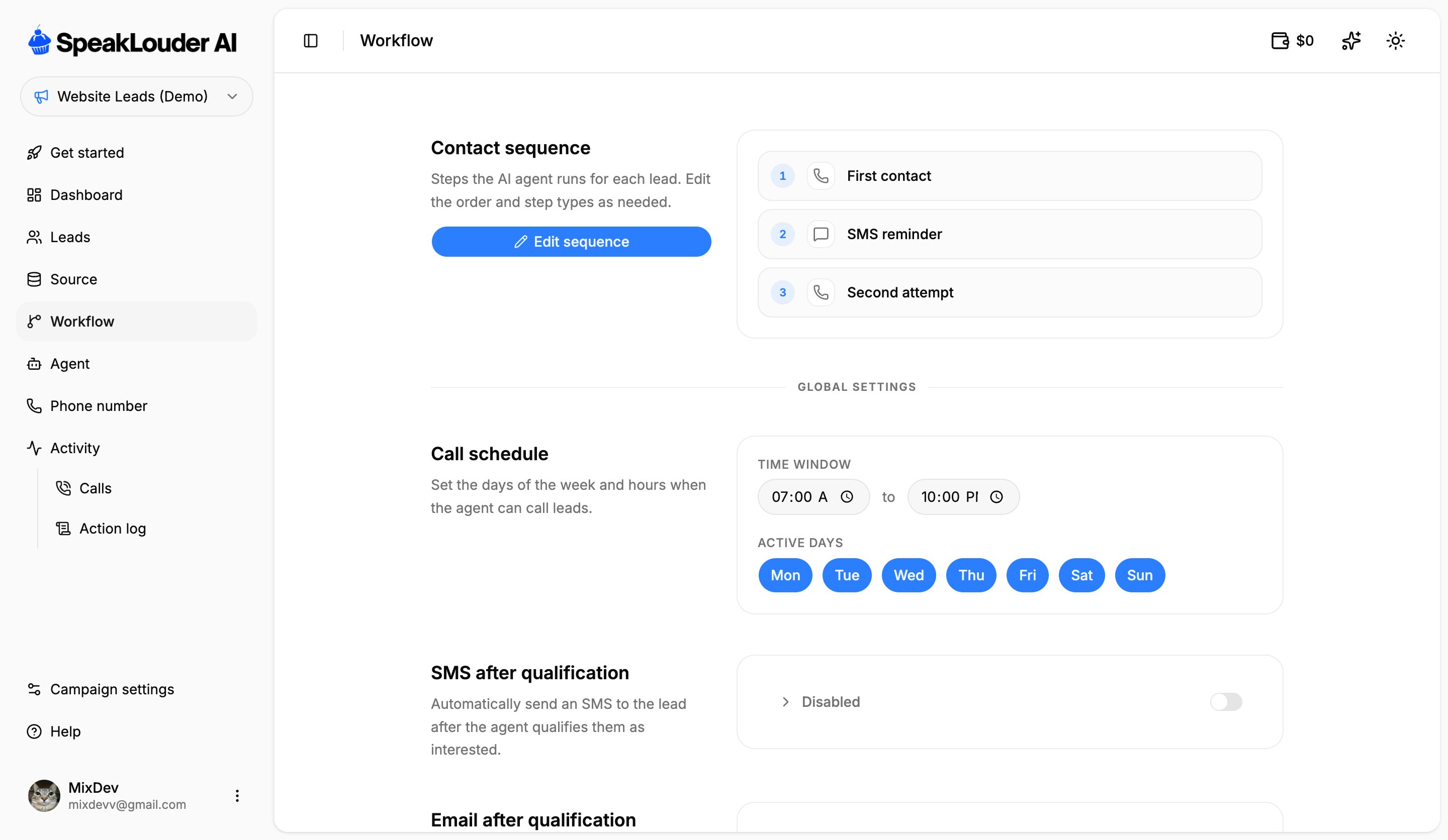 Workflow: contact sequence and call schedule