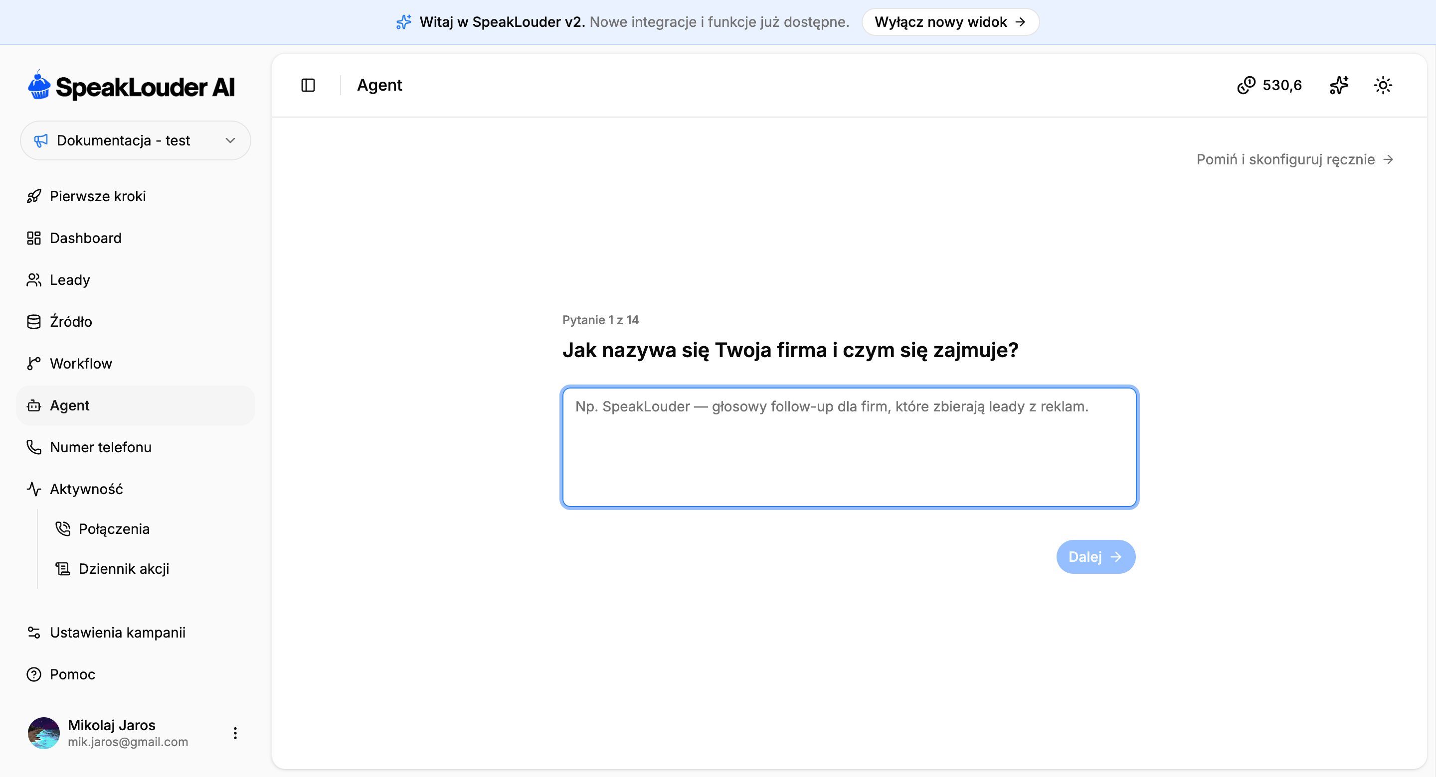 Kreator konfiguracji agenta, jedno z pytań
