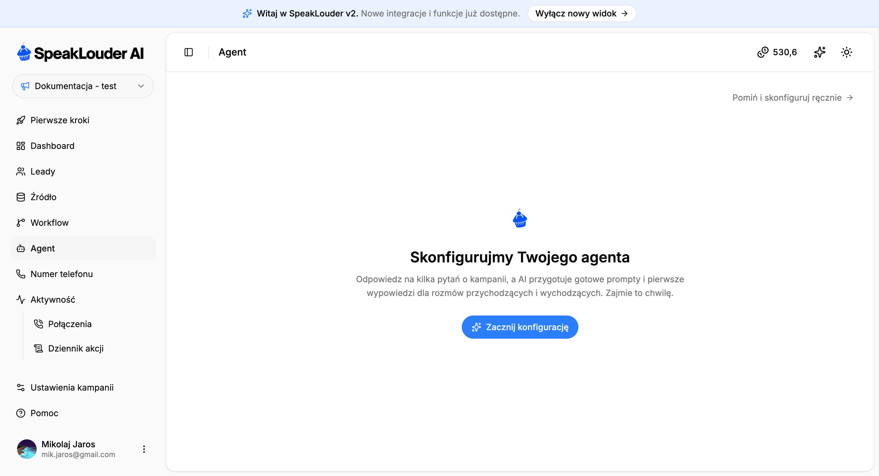 Ekran startowy konfiguracji agenta