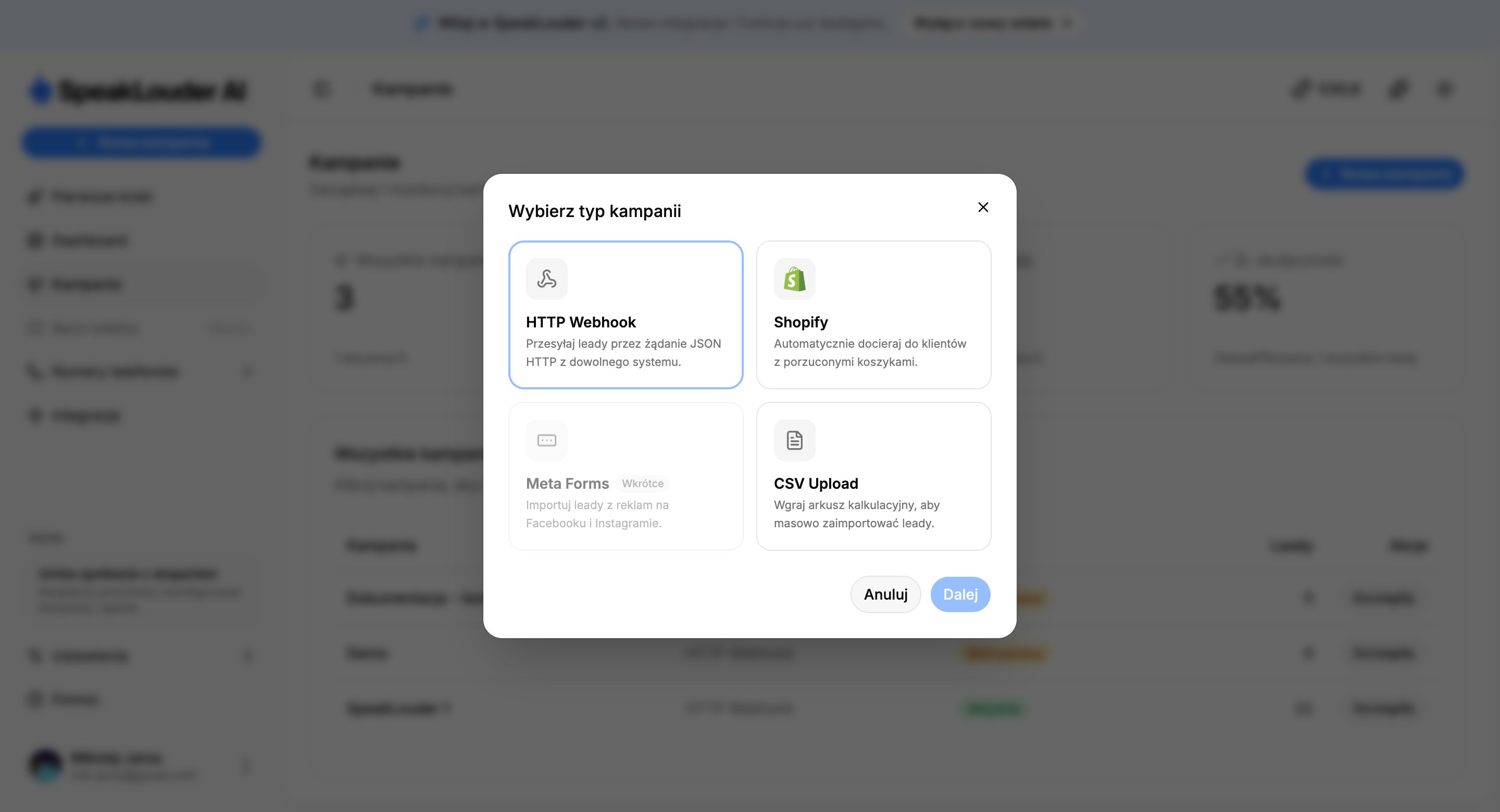 Wybór typu kampanii: HTTP Webhook, Shopify, Meta Forms, CSV Upload