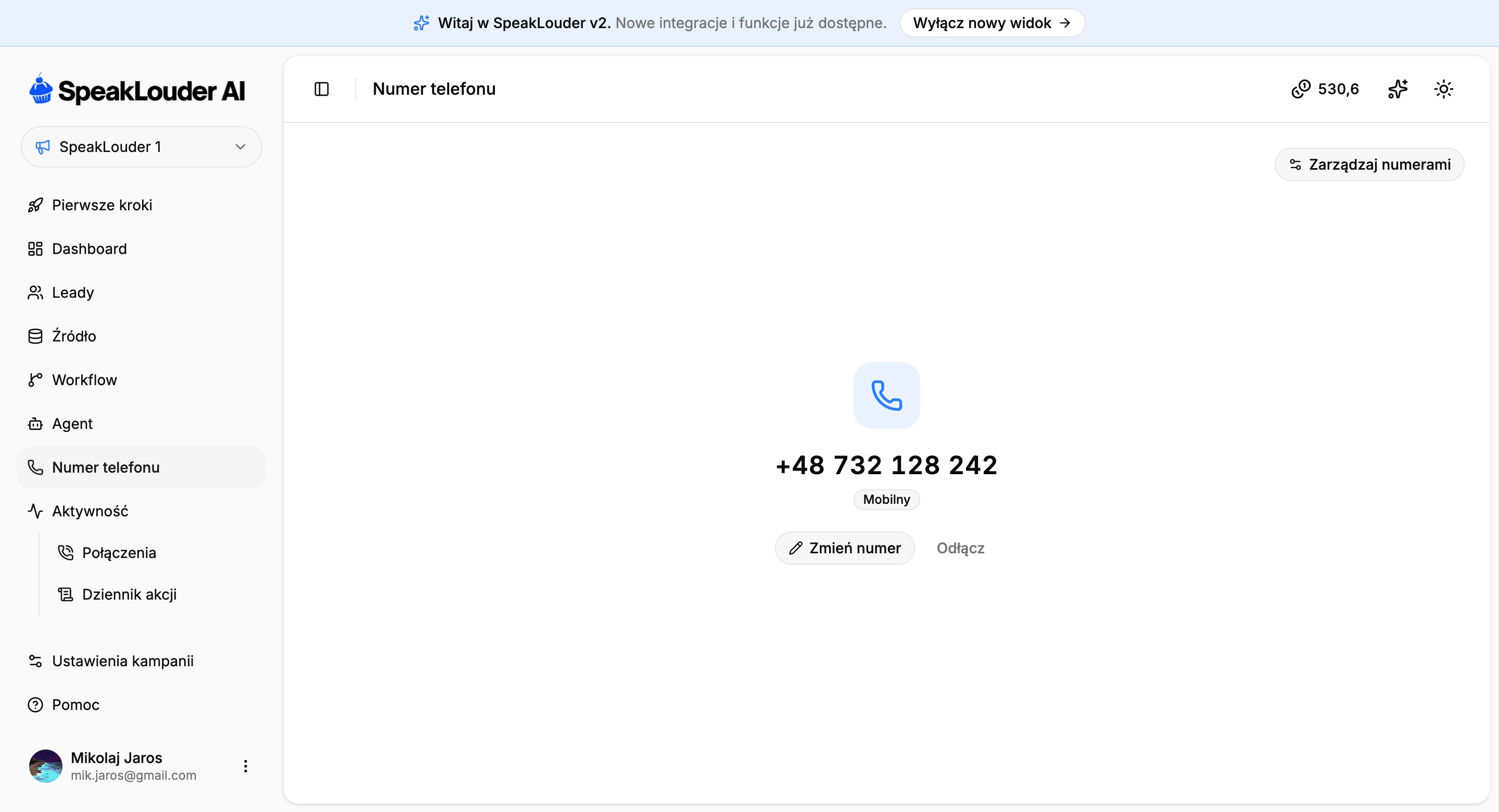 Zakładka Numer telefonu z przypisanym numerem