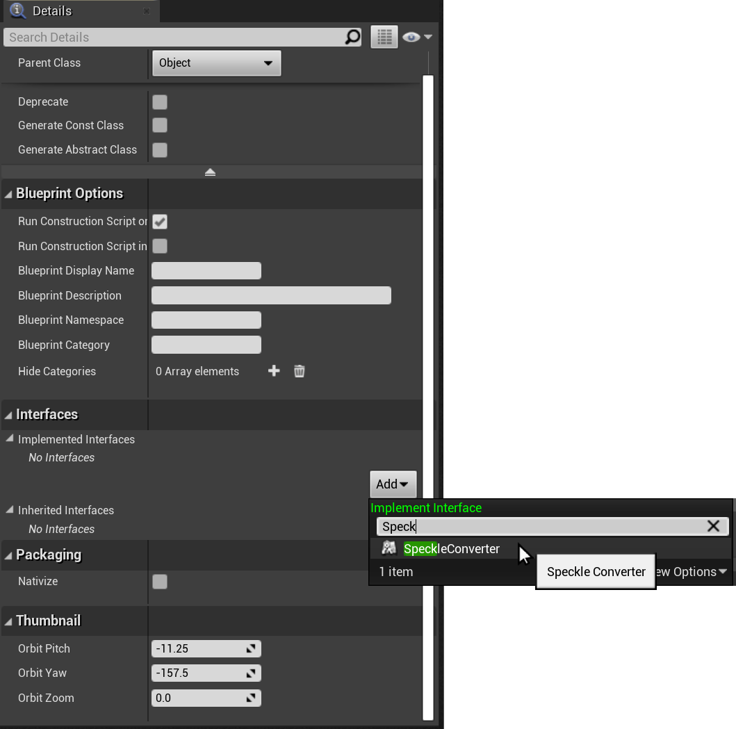 Screenshot of the blueprint details, showing adding ISpeckleConverter as an implemented interface