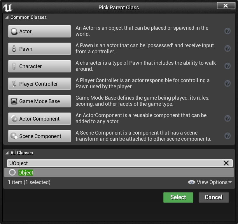 Screenshot of the blueprint creation menu, creating a new blueprint of type UObject