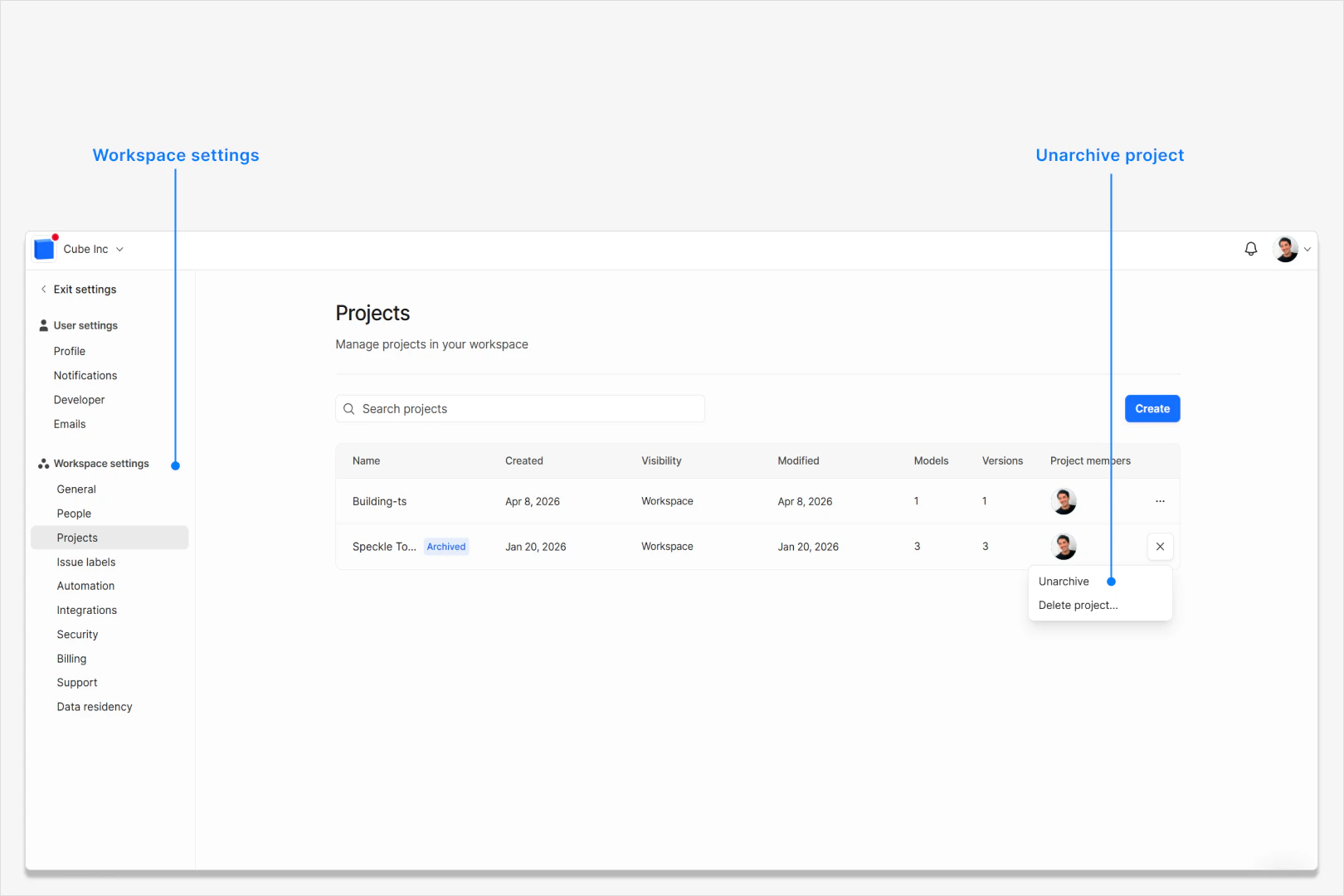 Project row menu showing the Unarchive action