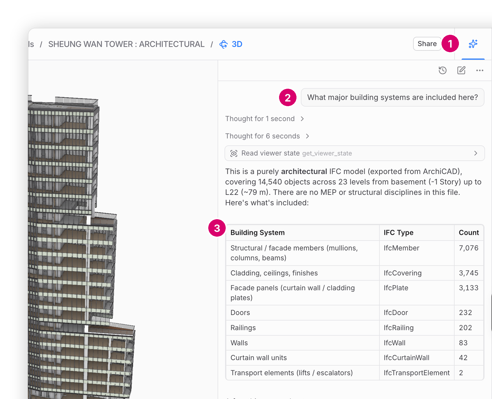 3D viewer with Chat with your model open beside a tower model: the question What major building systems are included here? and an answer listing building systems by IFC type and count