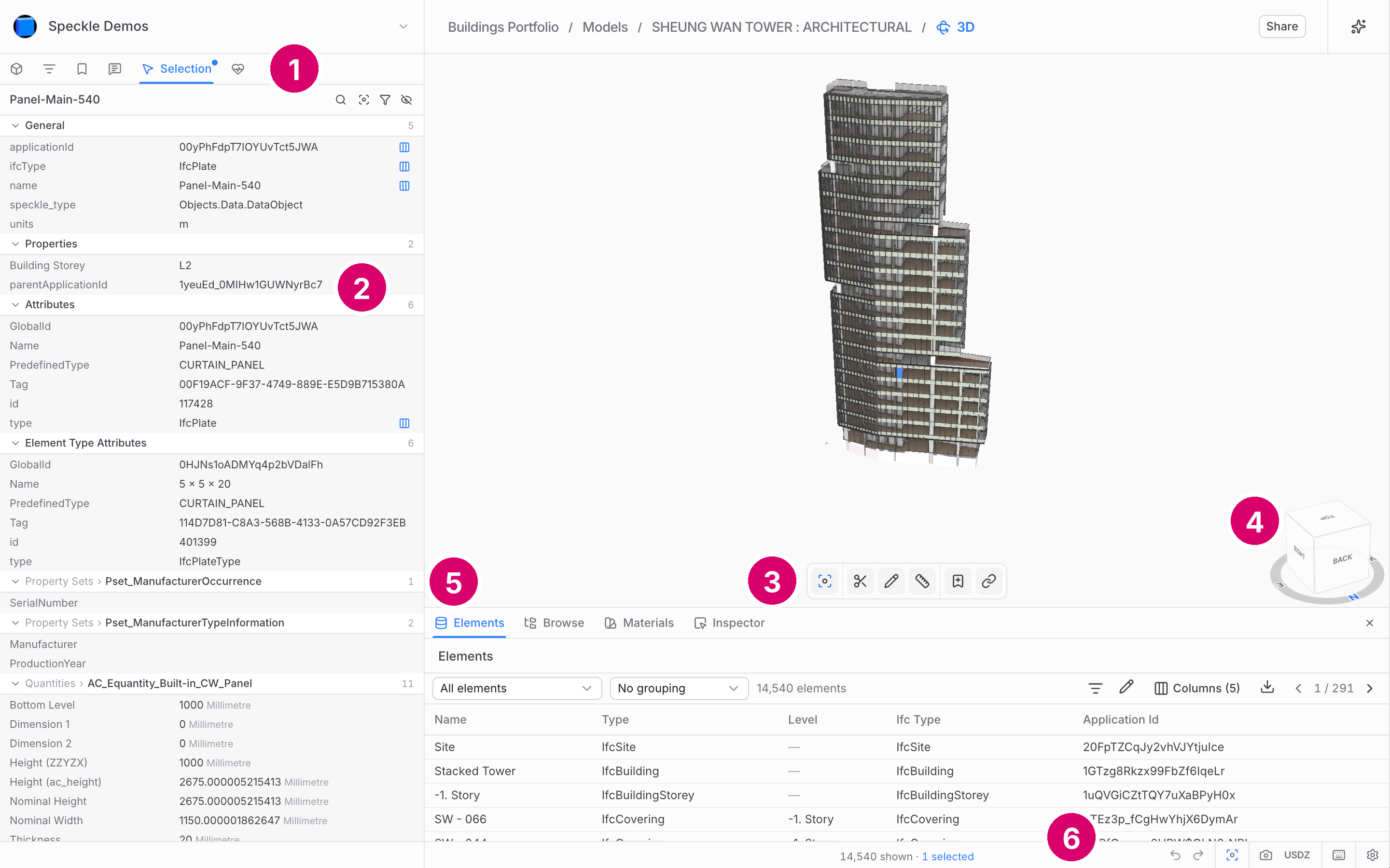 3D viewer with the Selection panel open in the left sidebar, the toolbar under the model, the navigation cube at the bottom right, the Elements table docked at the bottom, and the status bar below it