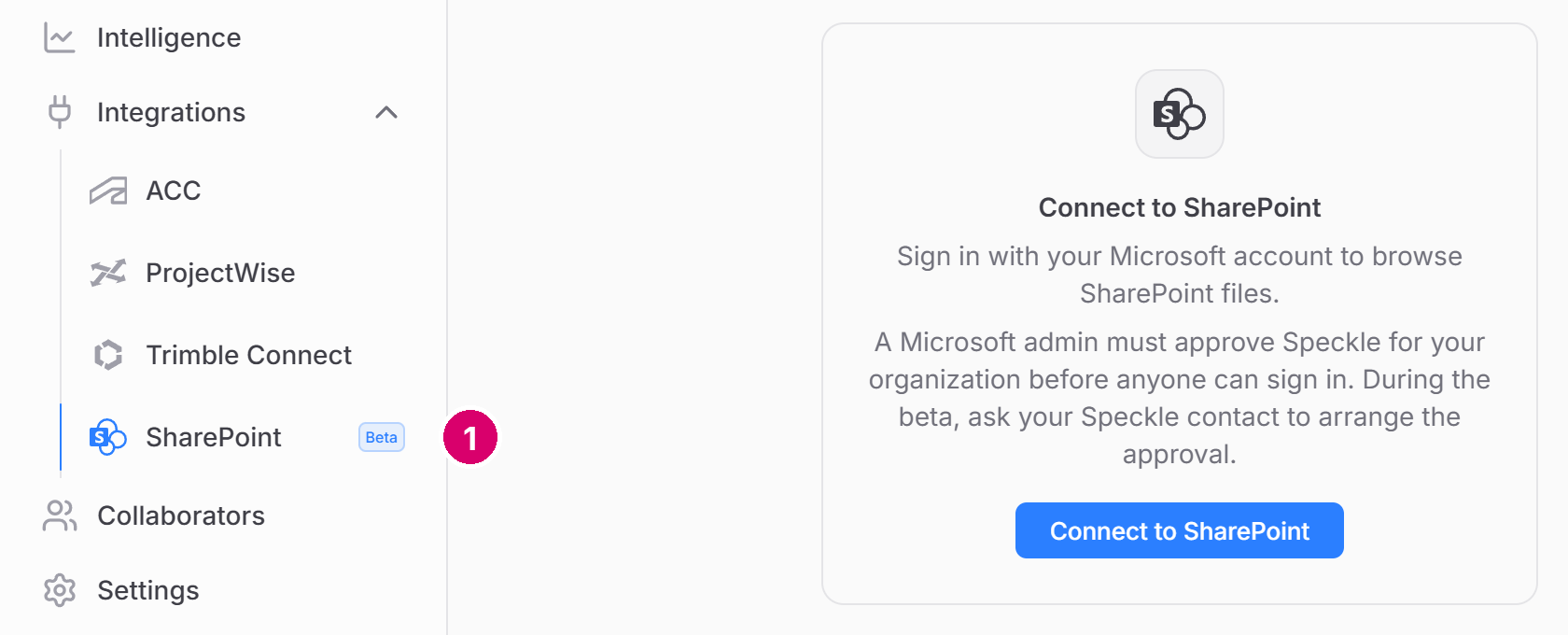 Project sidebar with Integrations expanded and SharePoint marked Beta, beside the Connect to SharePoint card with the Microsoft admin approval notice and the Connect to SharePoint button