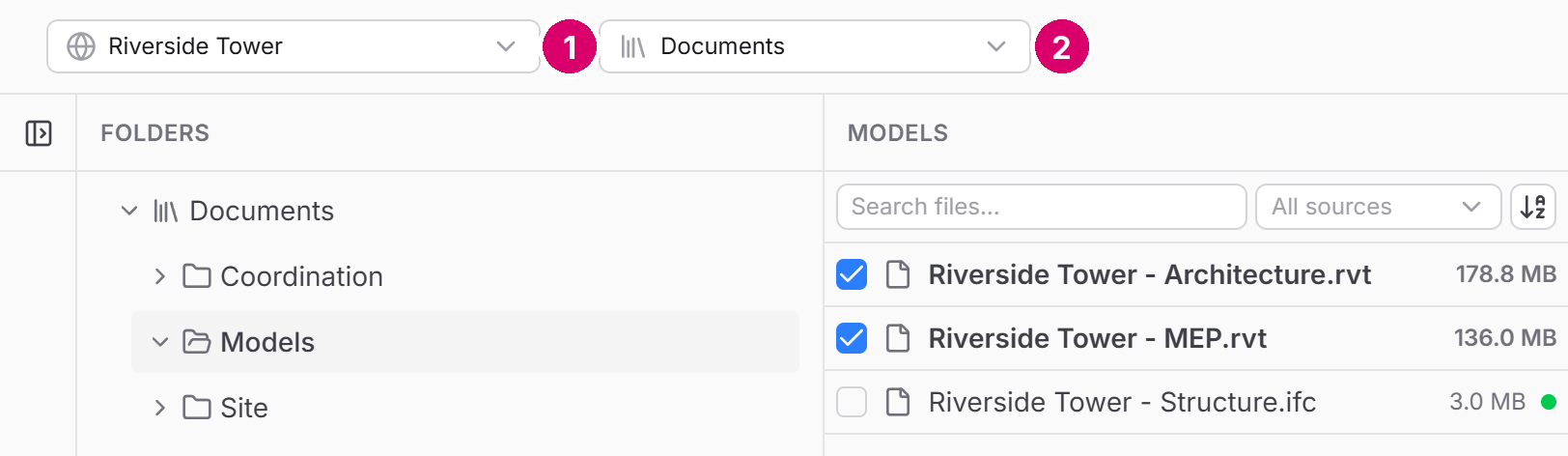 SharePoint file browser with the Riverside Tower site and the Documents library chosen, the Models folder open, and two Revit files ticked