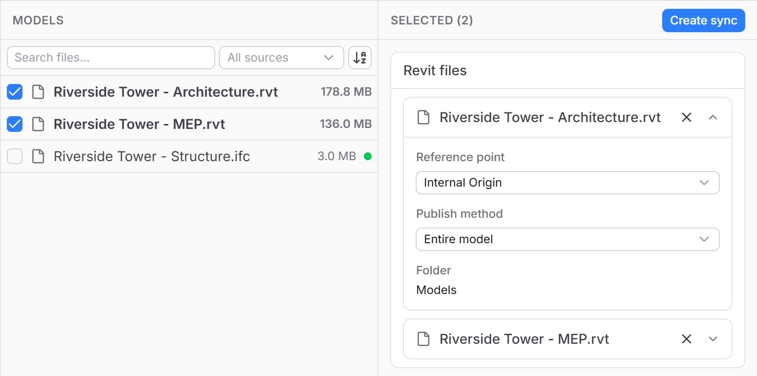 Selected panel with two Revit files and the Create sync button. The Architecture file is expanded to show Reference point set to Internal Origin and Publish method set to Entire model