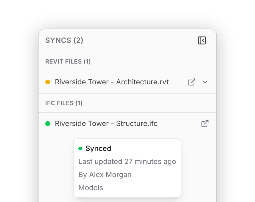 Syncs panel with a Revit sync marked by an amber dot and an IFC sync marked by a green dot. A tooltip on the IFC sync shows Synced, Last updated 27 minutes ago, By Alex Morgan, and the Models folder.