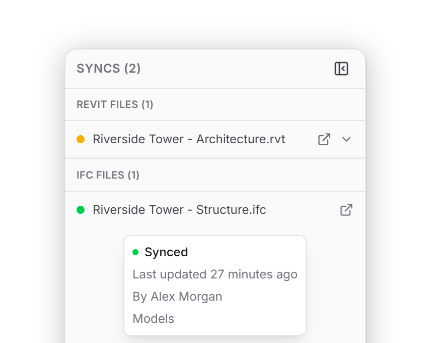 Syncs panel with a Revit sync marked by an amber dot and an IFC sync marked by a green dot. A tooltip on the IFC sync shows Synced, Last updated 27 minutes ago, By Alex Morgan, and the Models folder.