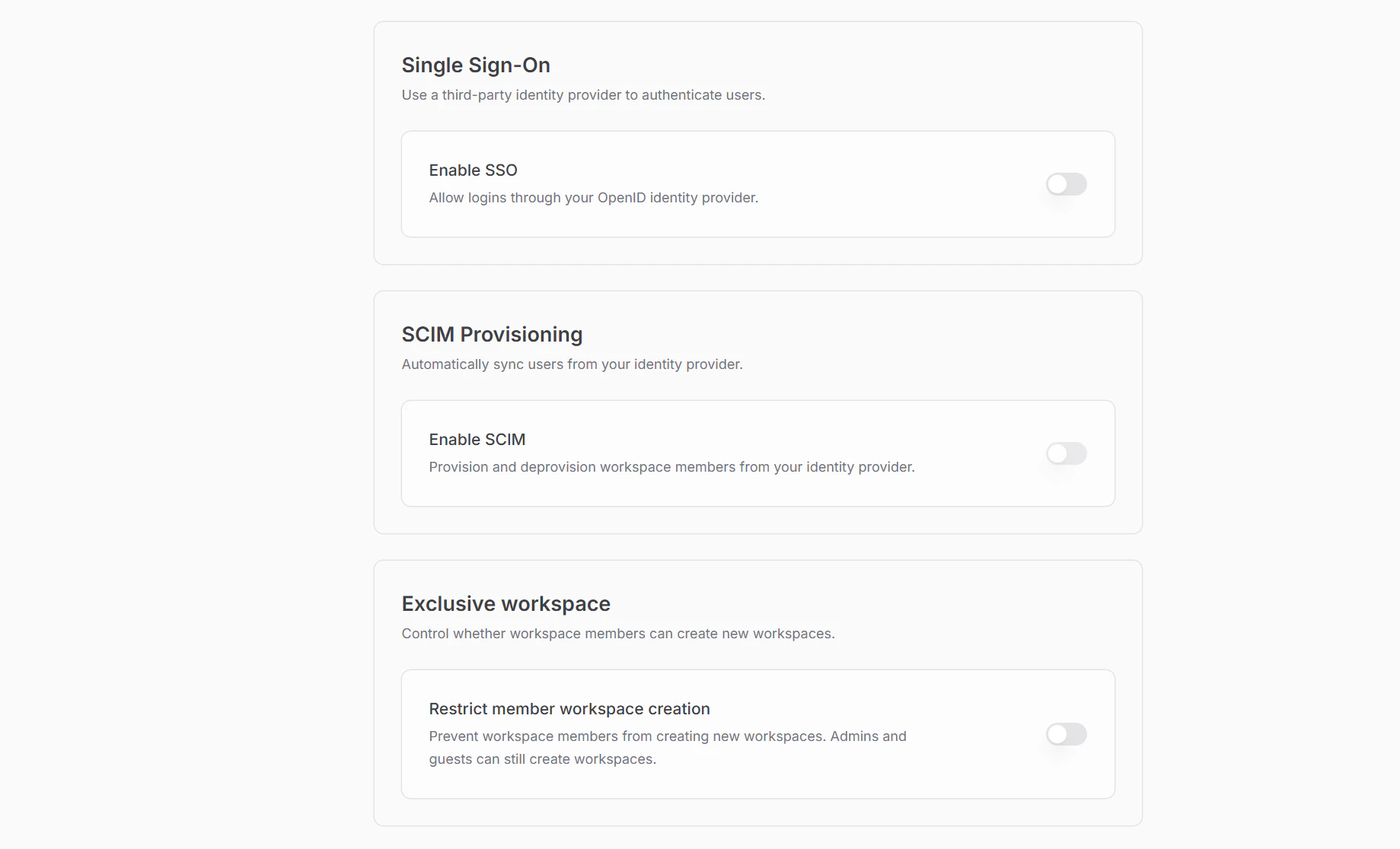 SCIM card in workspace security settings