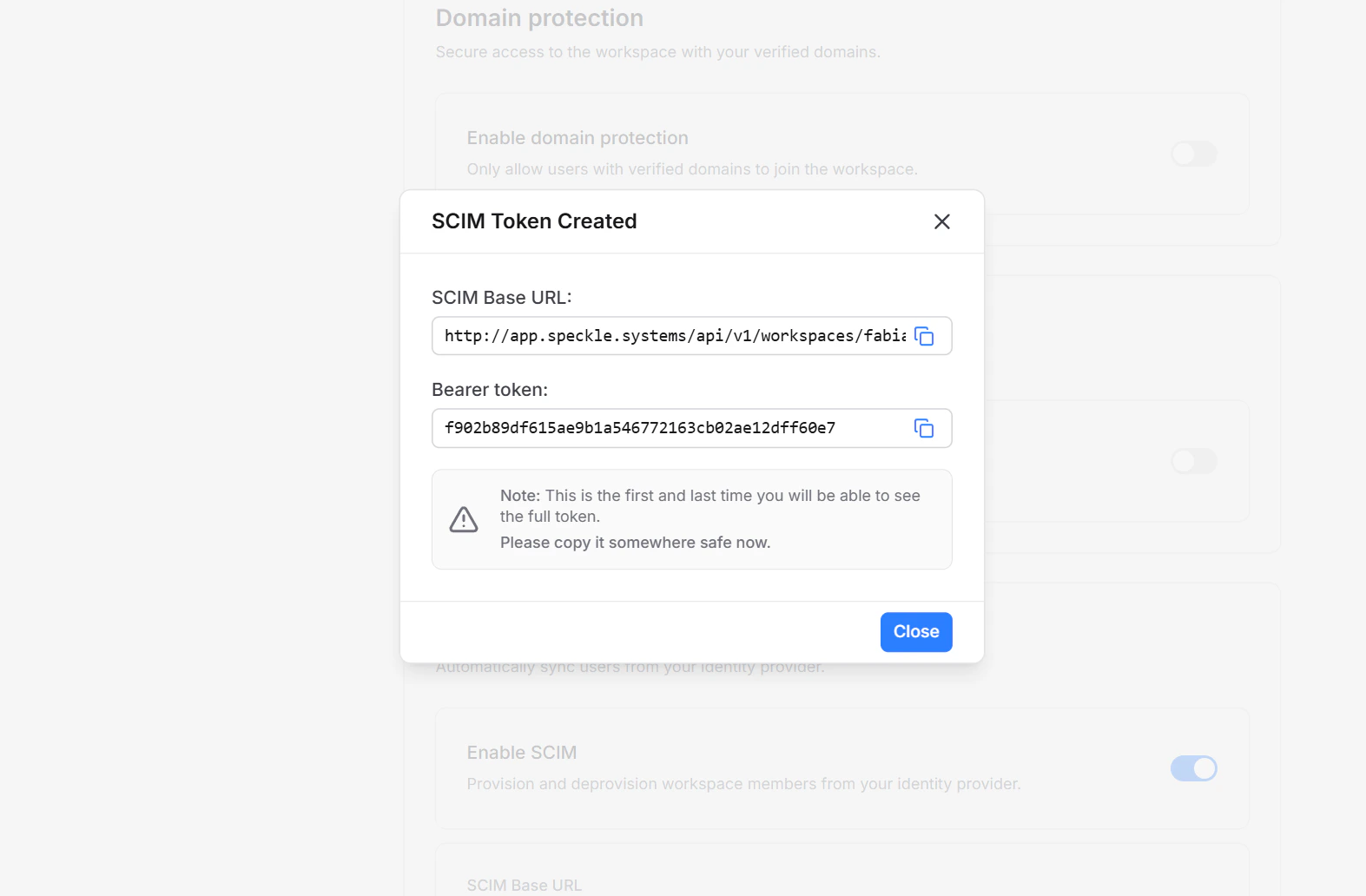 SCIM token reveal dialog