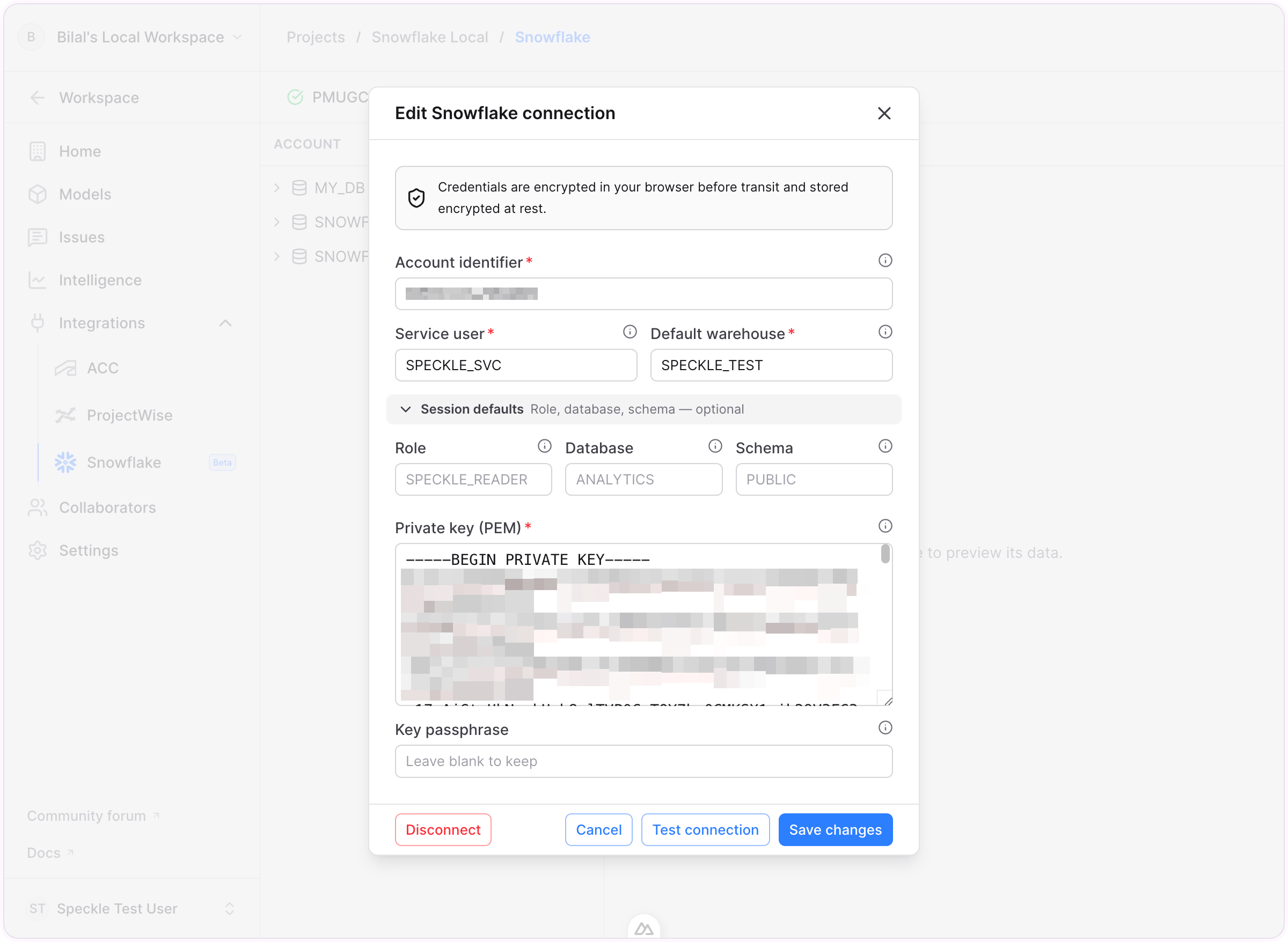 Connect Snowflake connection form