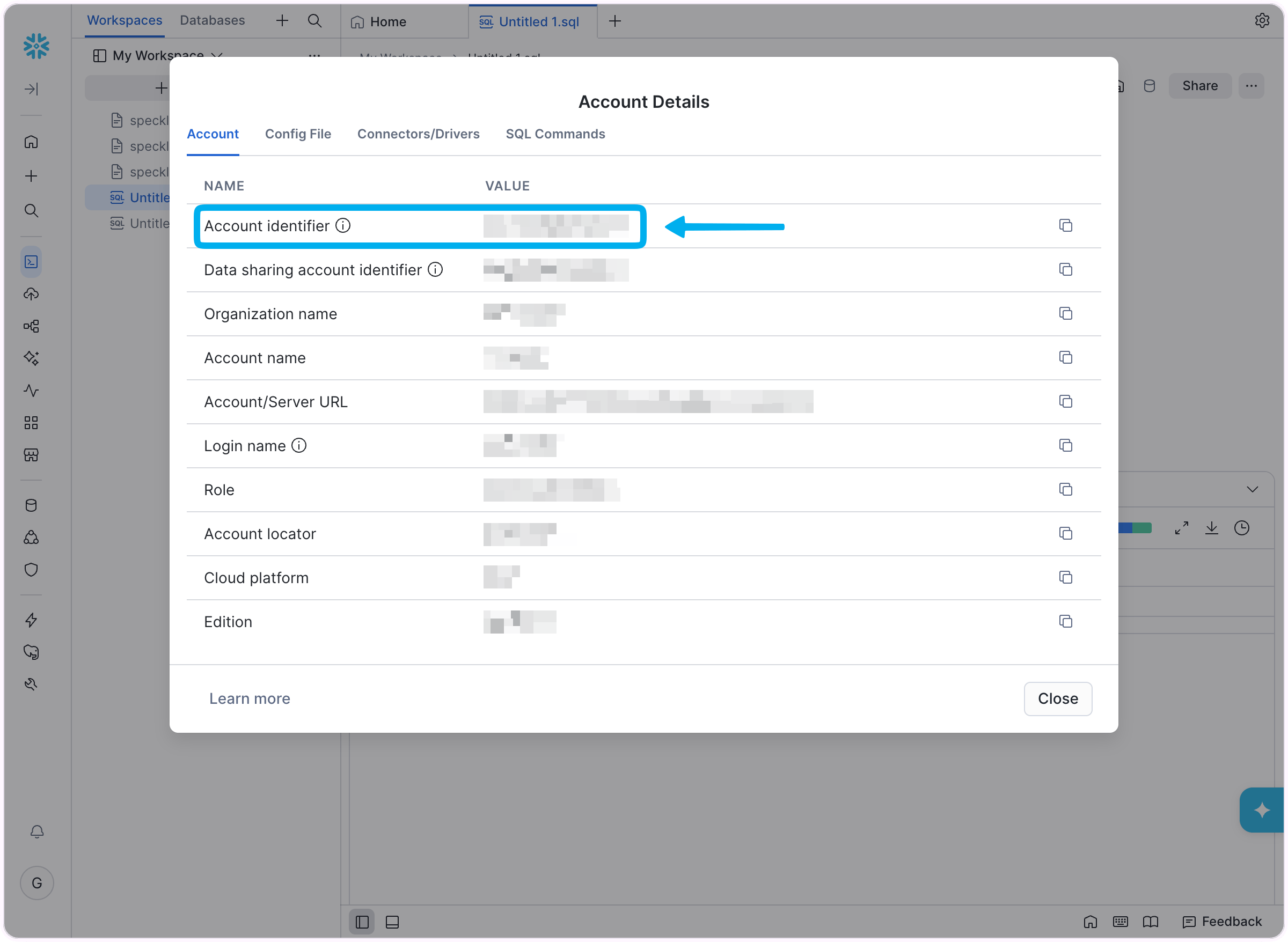 Find and copy the Snowflake account identifier