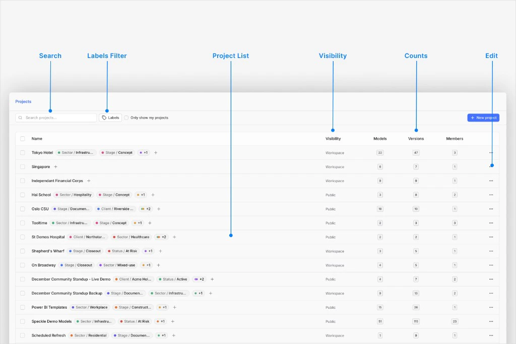 Workspace Projects page: Search projects field, Labels filter and Only show my projects, table with Name, Visibility, Models, Versions, Members, label chips, row menu, and New project control