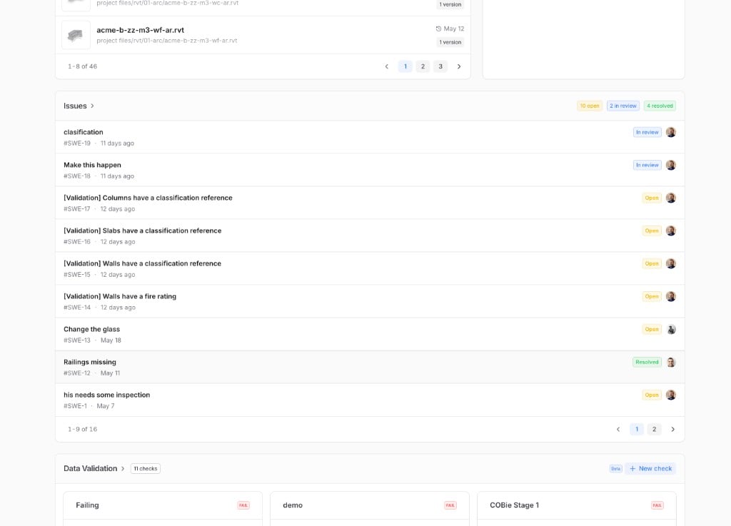 Project home Issues card: open, in review, and resolved counts, paginated issue list with status and assignee