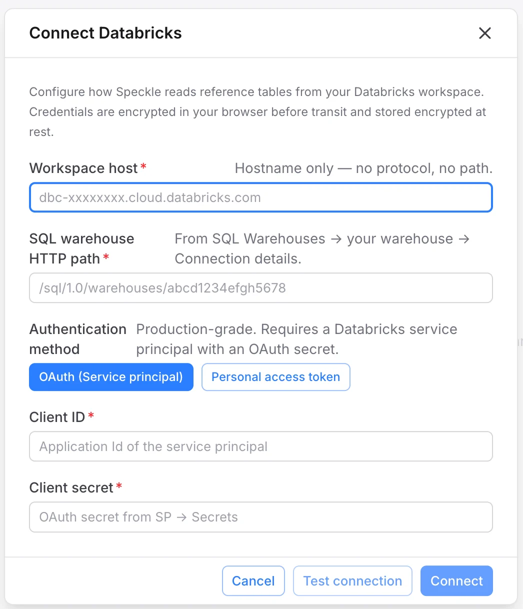 Connect Databricks connection form