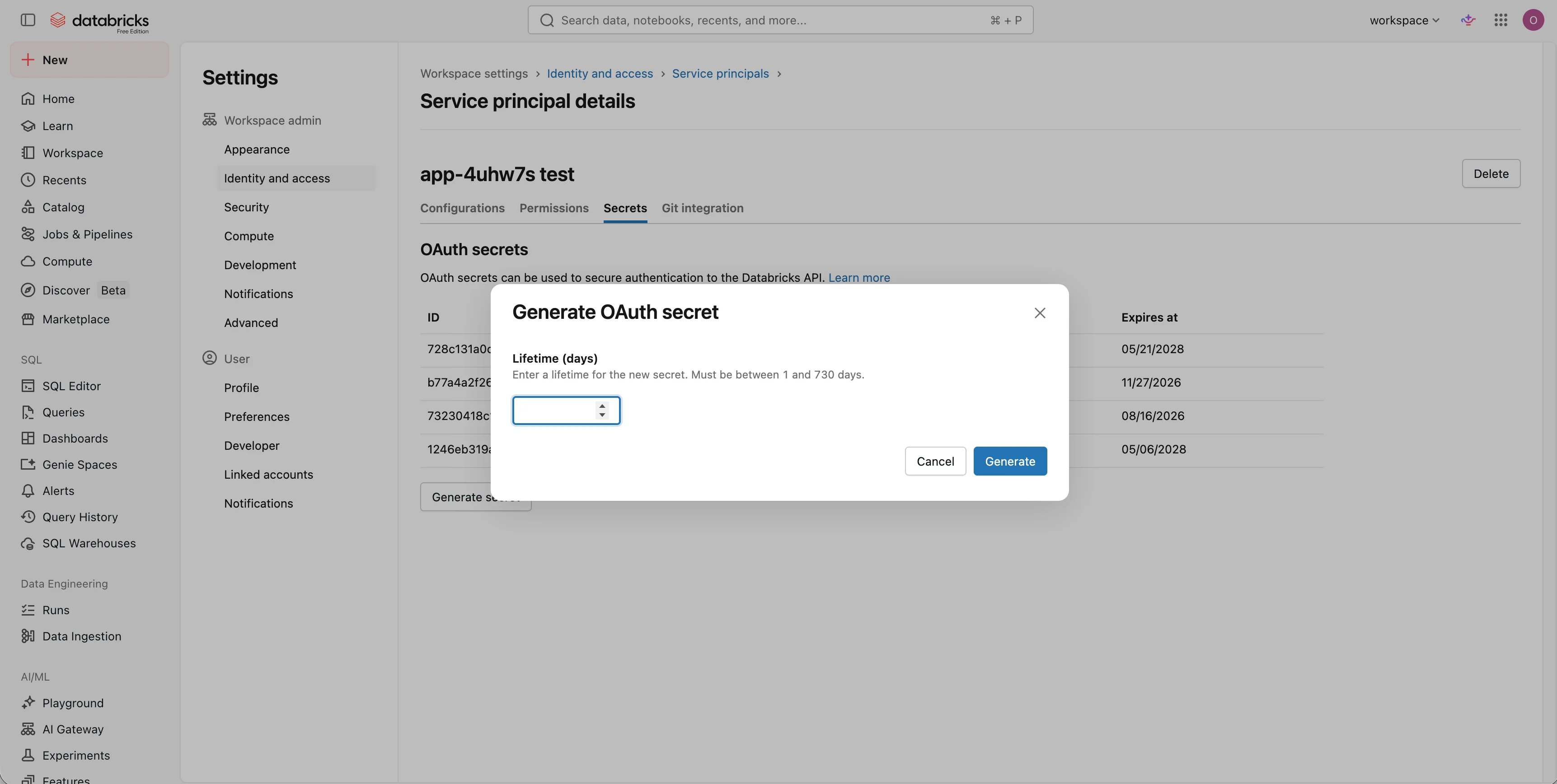 Generate an OAuth secret for the service principal