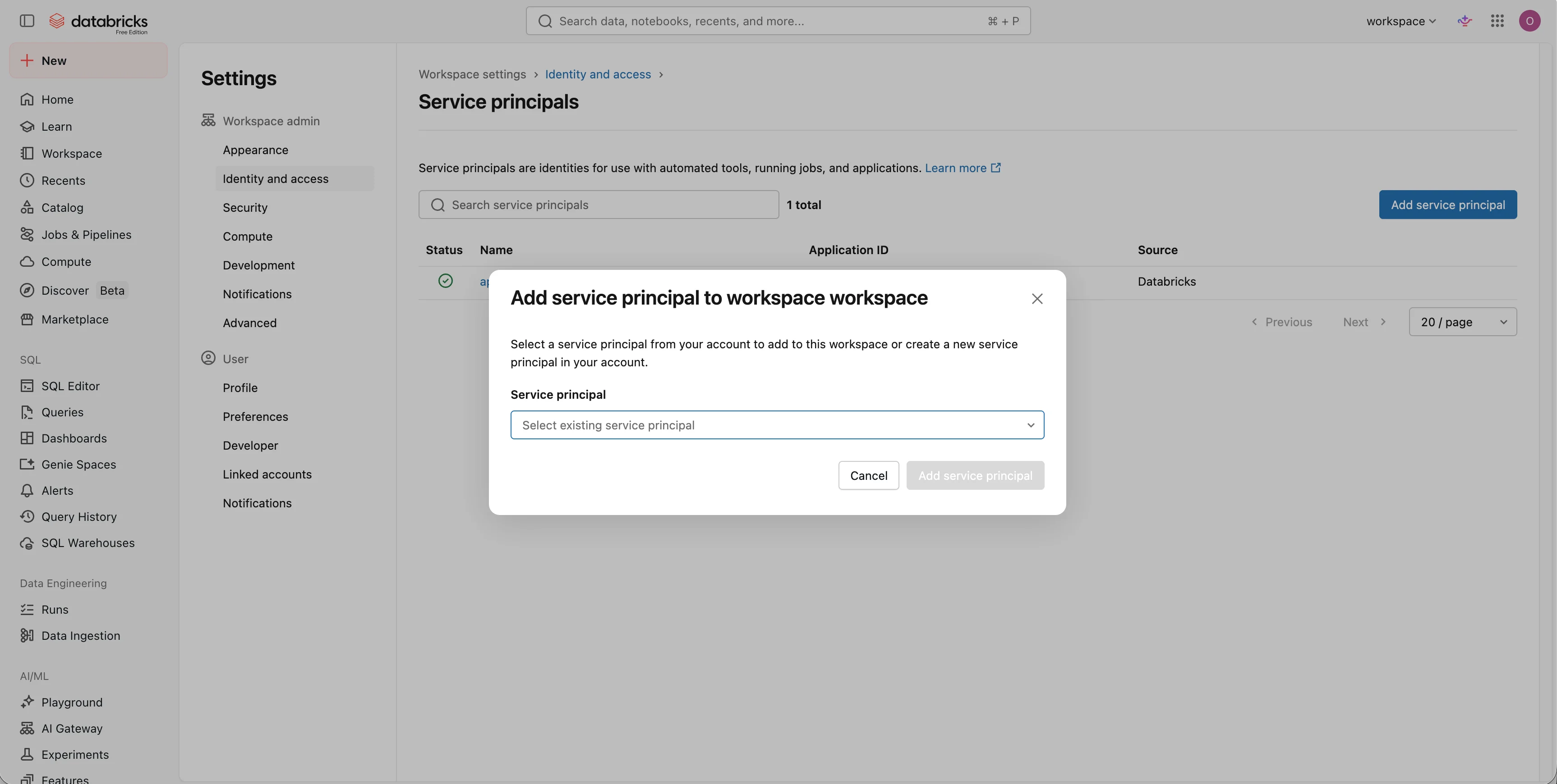 Create a service principal in Databricks