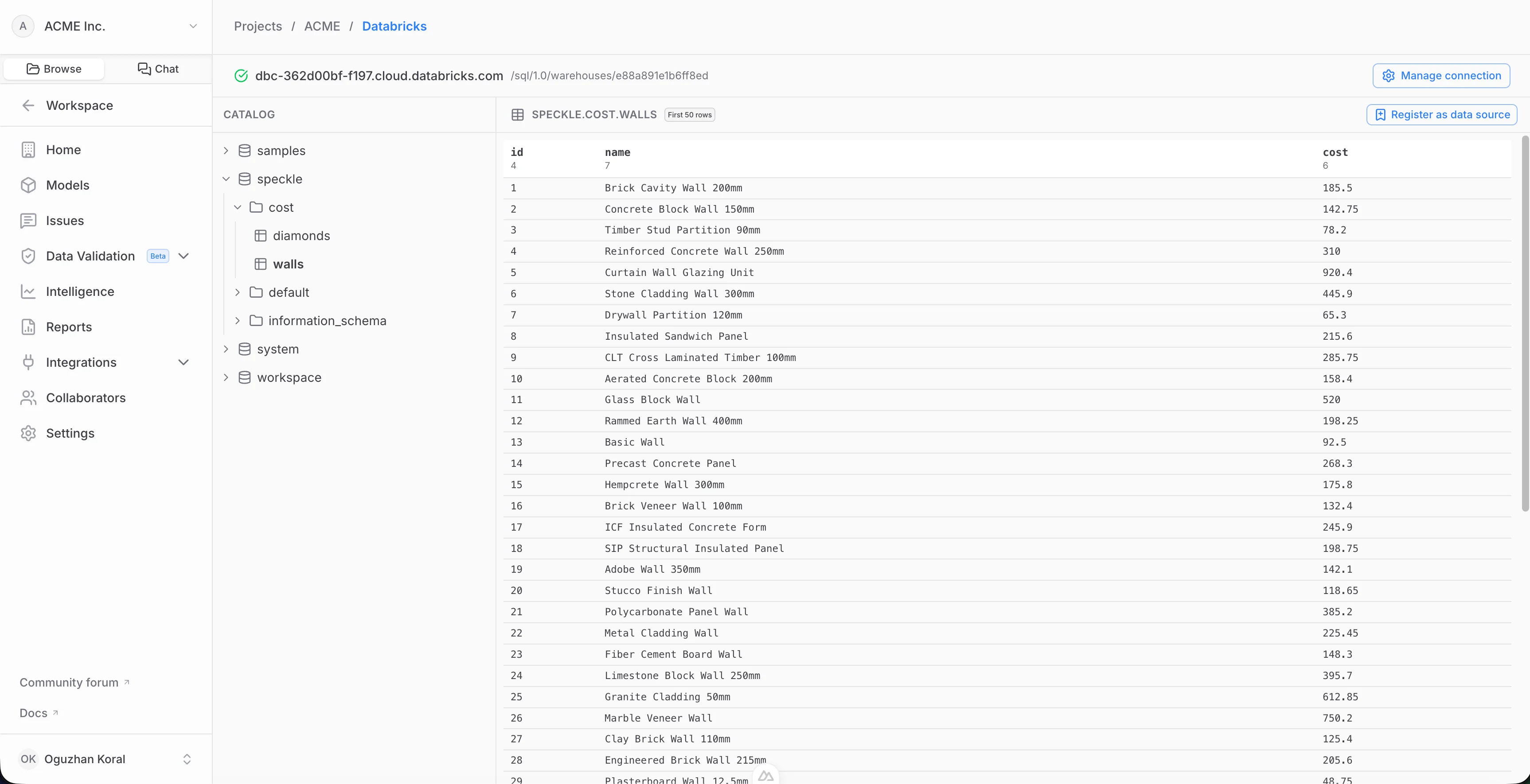 Browsing and previewing a Databricks table