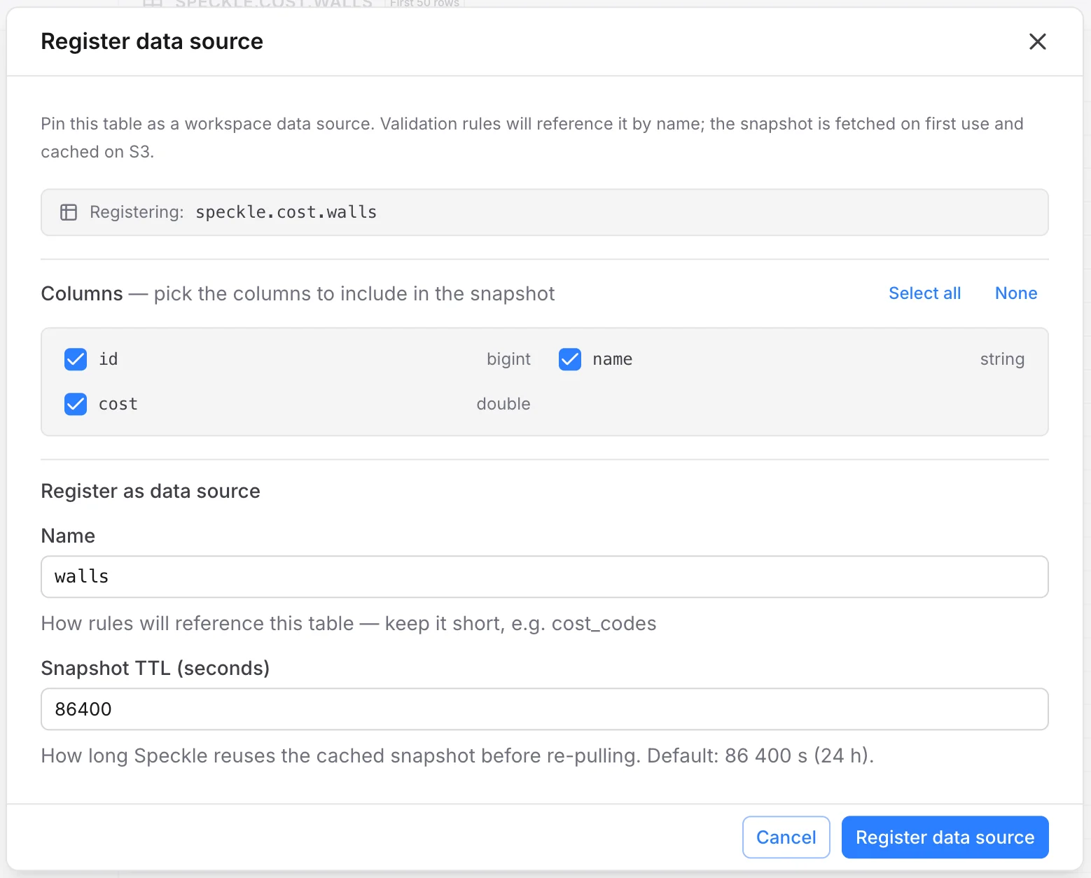 Registering a Databricks table as a data source