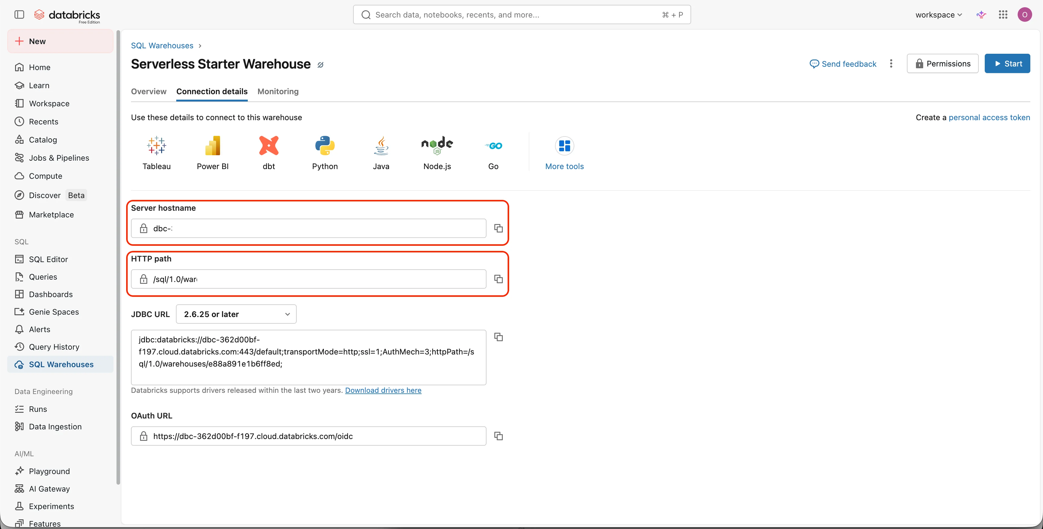 SQL warehouse connection details: server hostname and HTTP path
