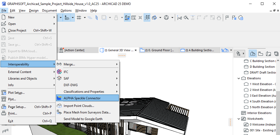 screenshot of speckle connector launch in archicad