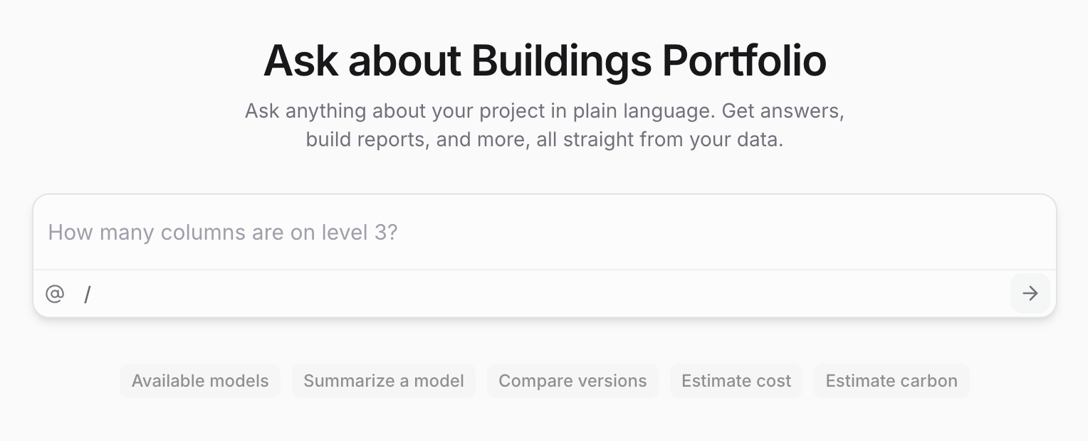 Project Chat empty state: the heading Ask about Buildings Portfolio, the prompt composer, and suggested prompts
