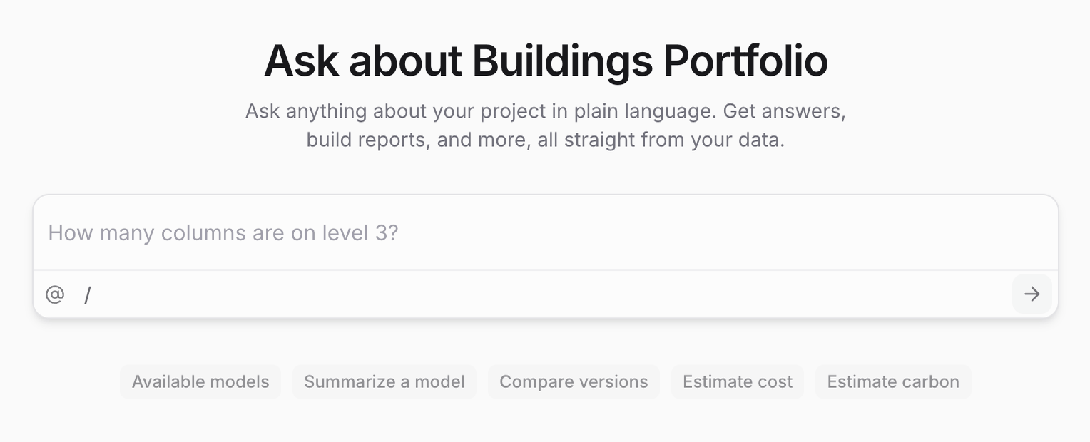 Project Chat empty state: the heading Ask about Buildings Portfolio, the prompt composer, and suggested prompts
